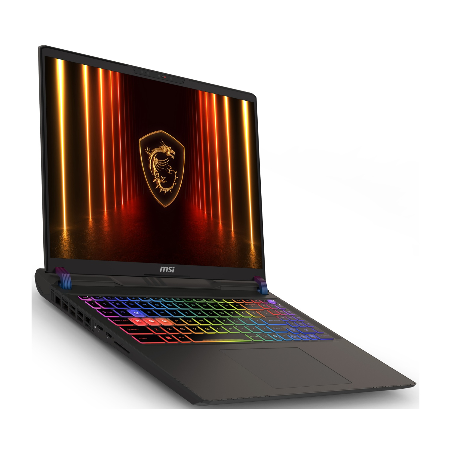 Un laptop nero su sfondo bianco, aperto con tastiera colorata e schermo con logo del drago.