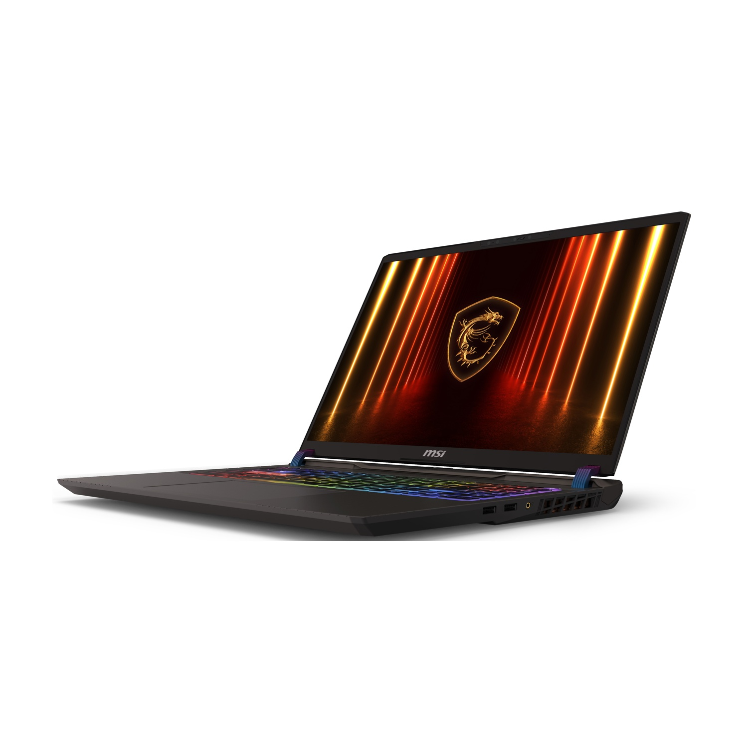 Un laptop nero con uno schermo che mostra un logo, aperto su sfondo bianco.