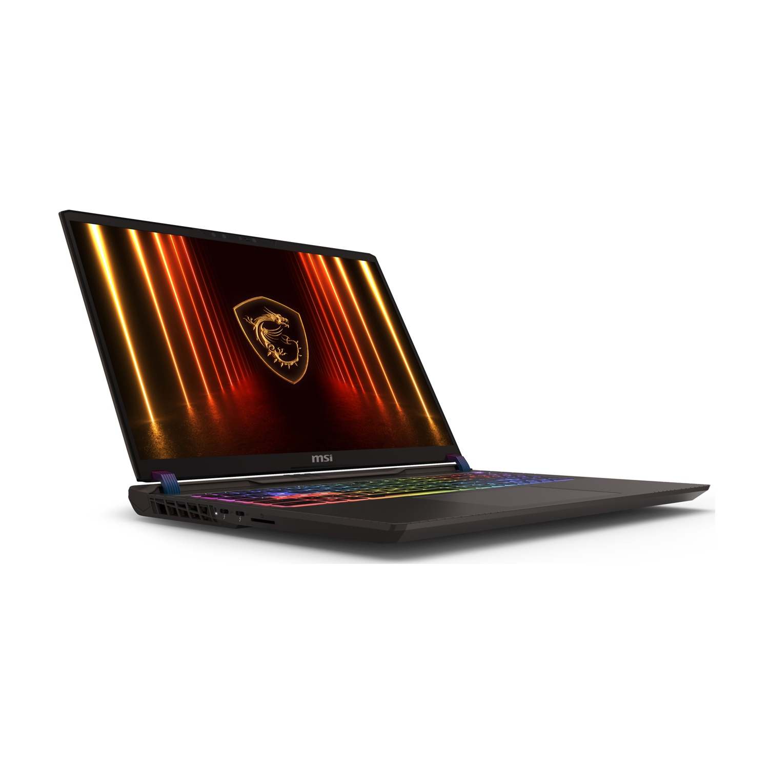 Un laptop nero è aperto, mostrando una tastiera colorata.