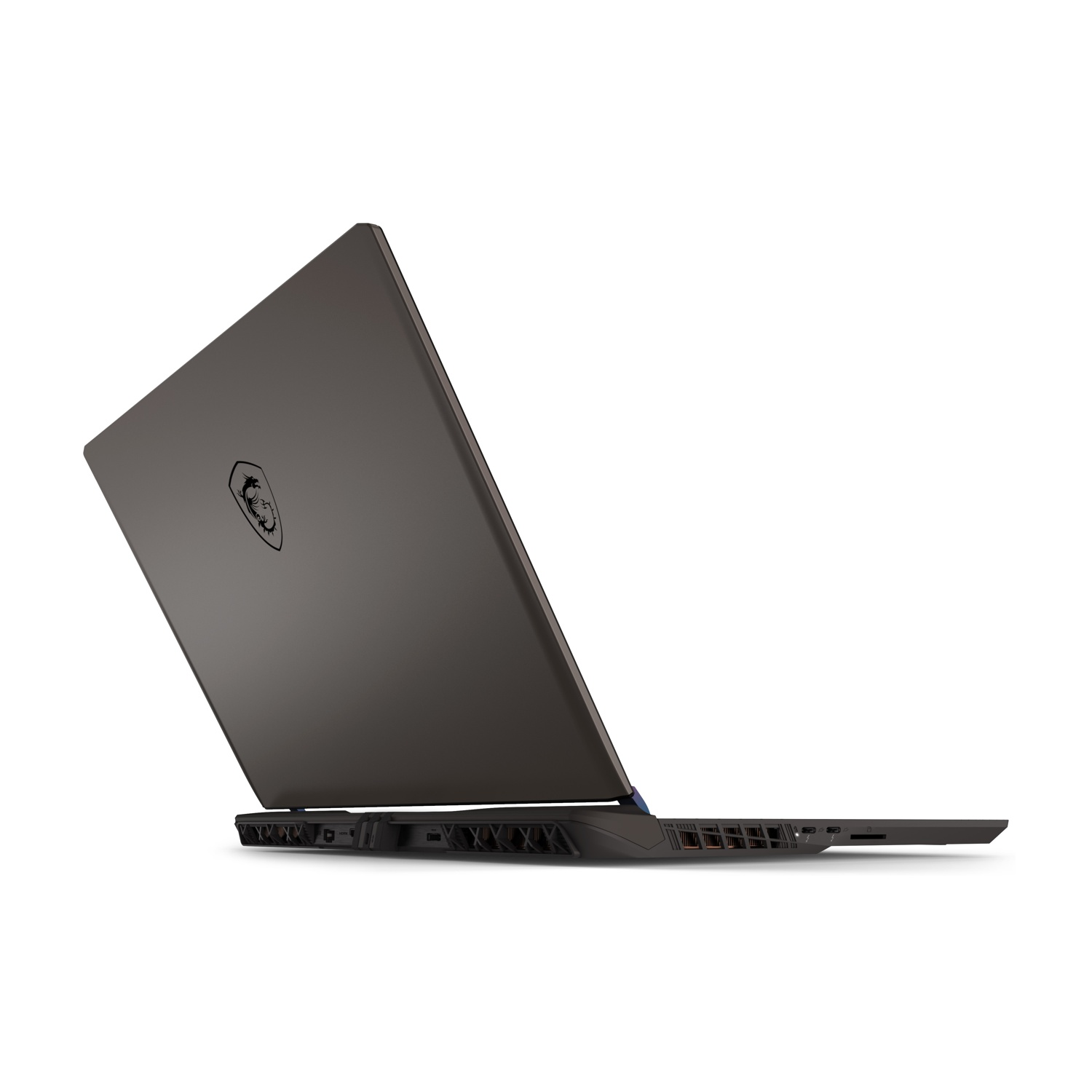 Laptop da gioco da dietro, che mostra il design e il logo, con lo schermo aperto. Le porte sono visibili.