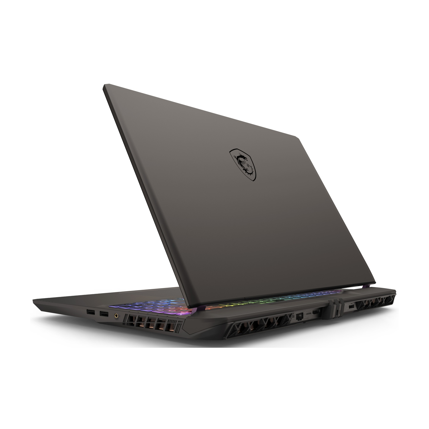 Laptop nero visto da dietro, leggermente aperto. Il retro ha il logo MSI.