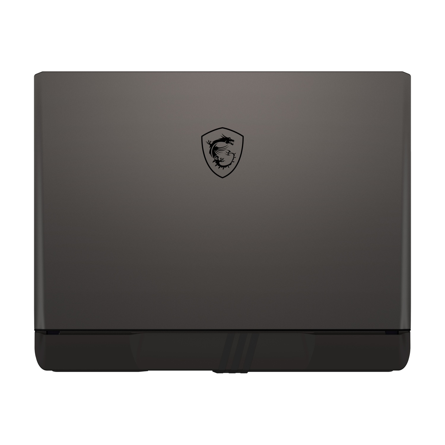 Laptop nero, chiuso, con il logo del marchio al centro. Lo sfondo è bianco.