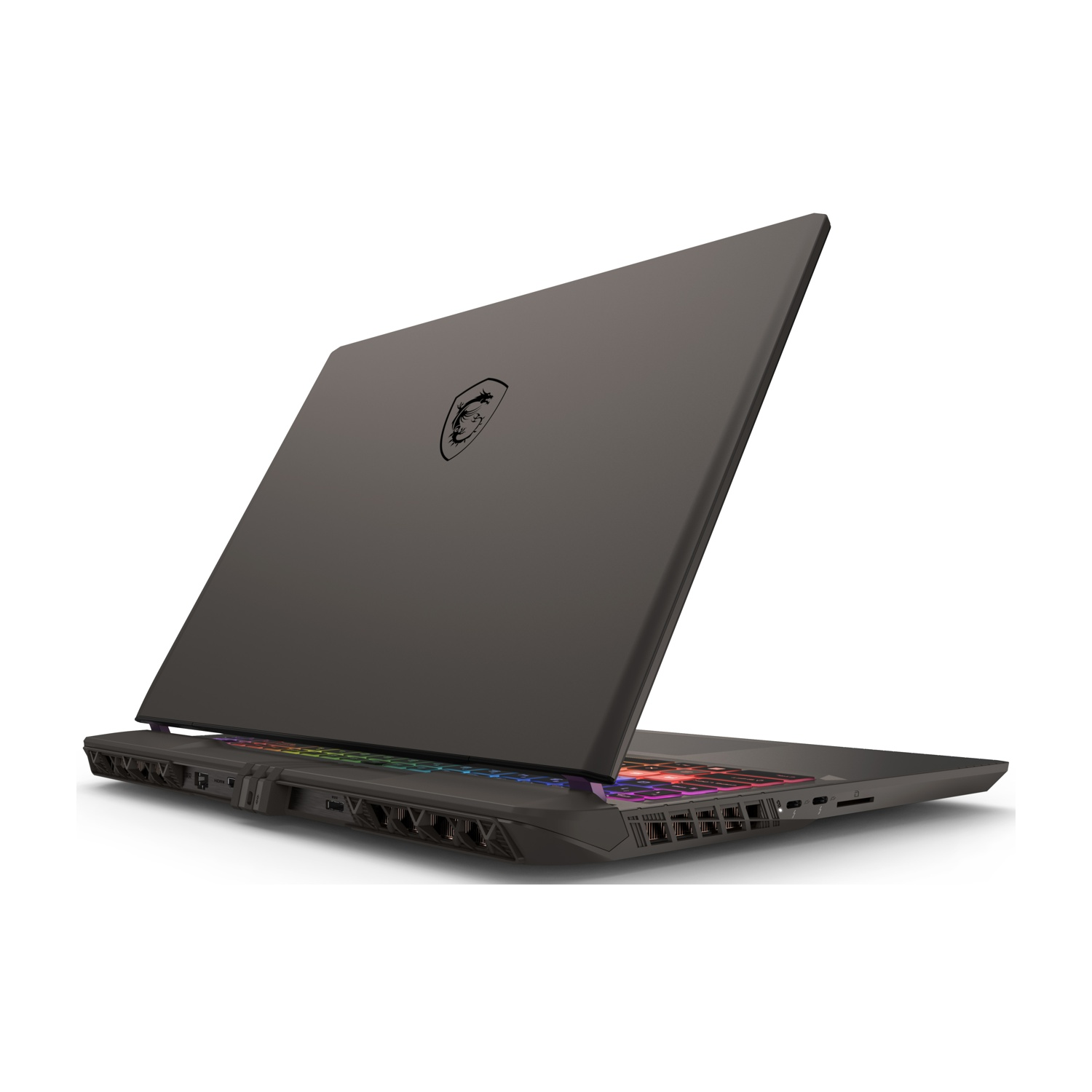 Vista posteriore di un laptop da gioco, che mostra il logo e il design. La tastiera ha retroilluminazione arcobaleno.