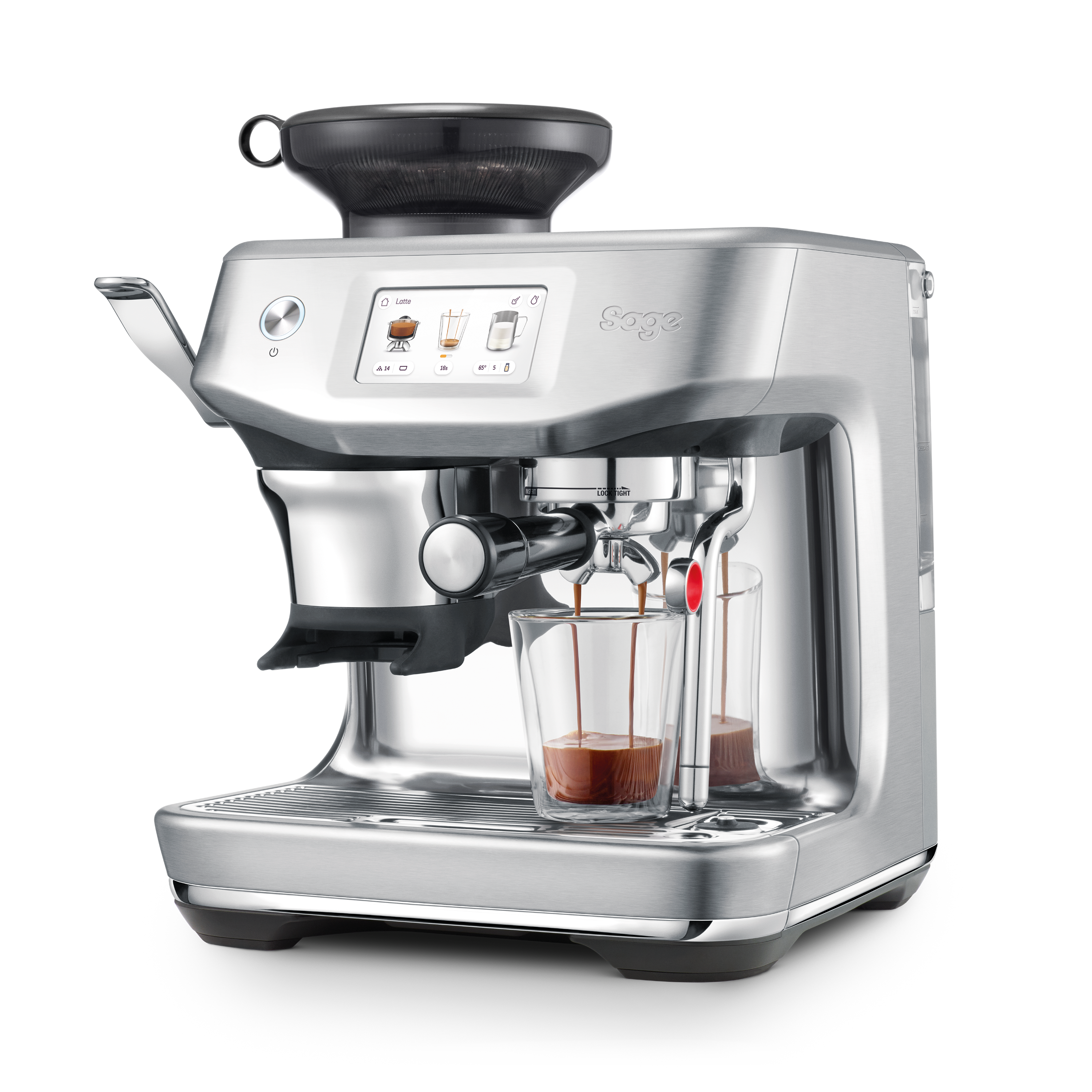 Kaffeemaschine. Zeigt die Kaffeezubereitung in Gläsern. Schwarzer Hintergrund.