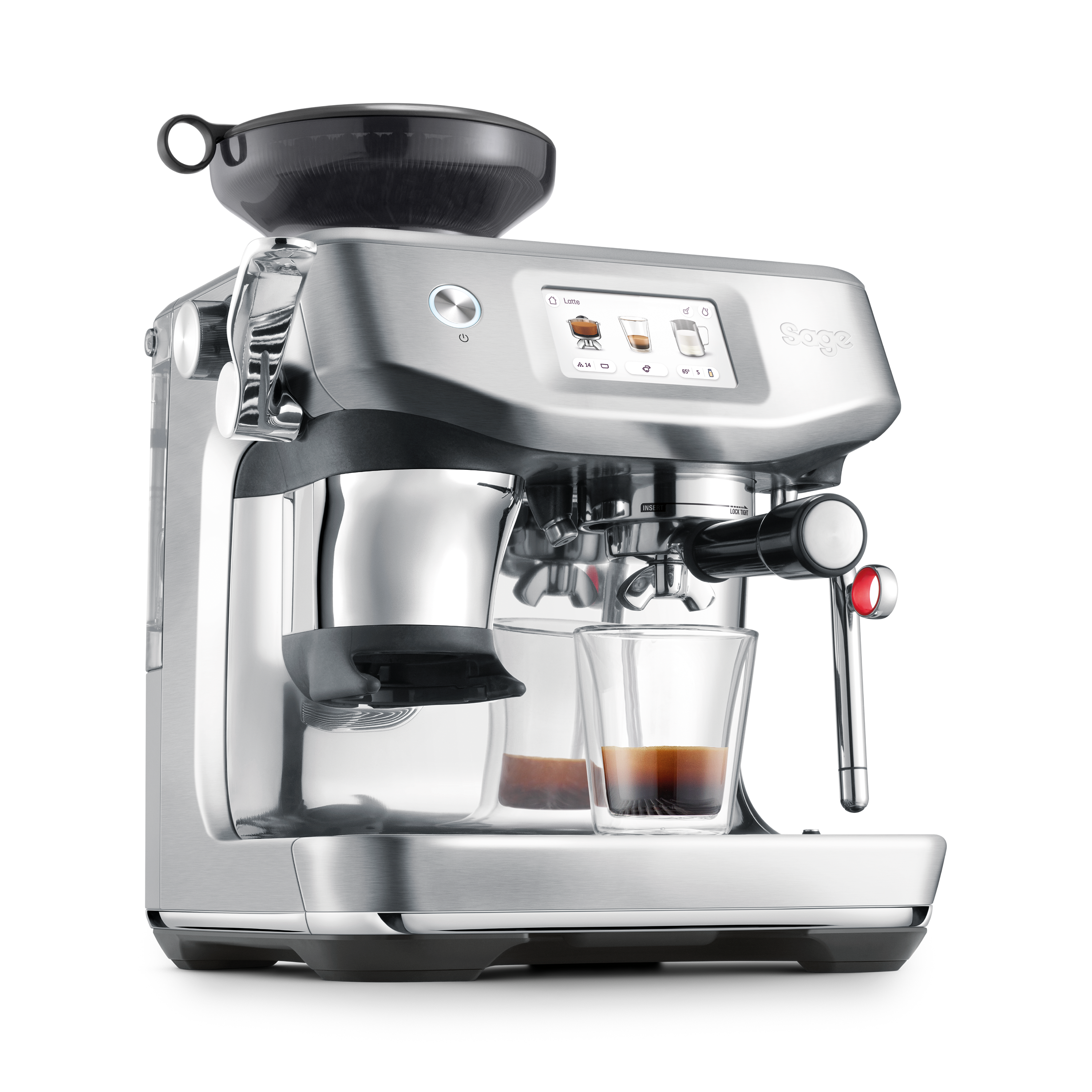 Eine silberne Sage Espressomaschine mit Digitalanzeige, Siebträger und einer Tasse Kaffee.