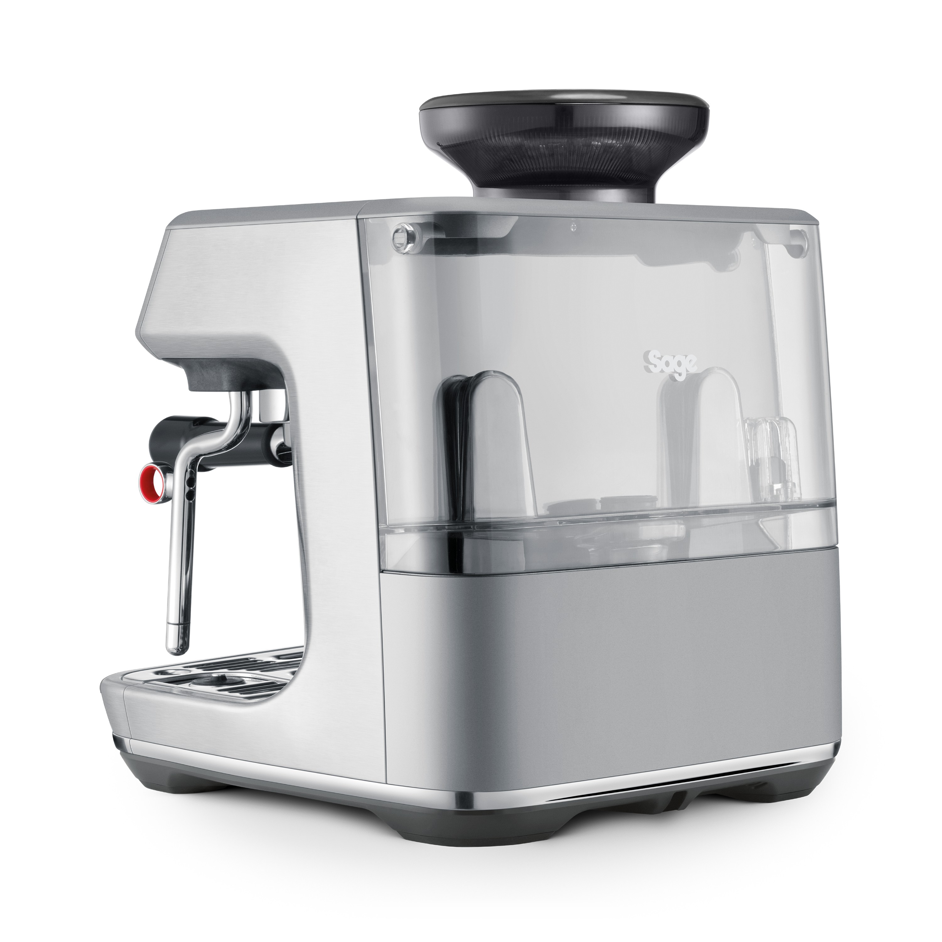 Eine silberne Sage Espressomaschine mit einem durchsichtigen Wasserbehälter. Die Maschine hat einen Siebträger.