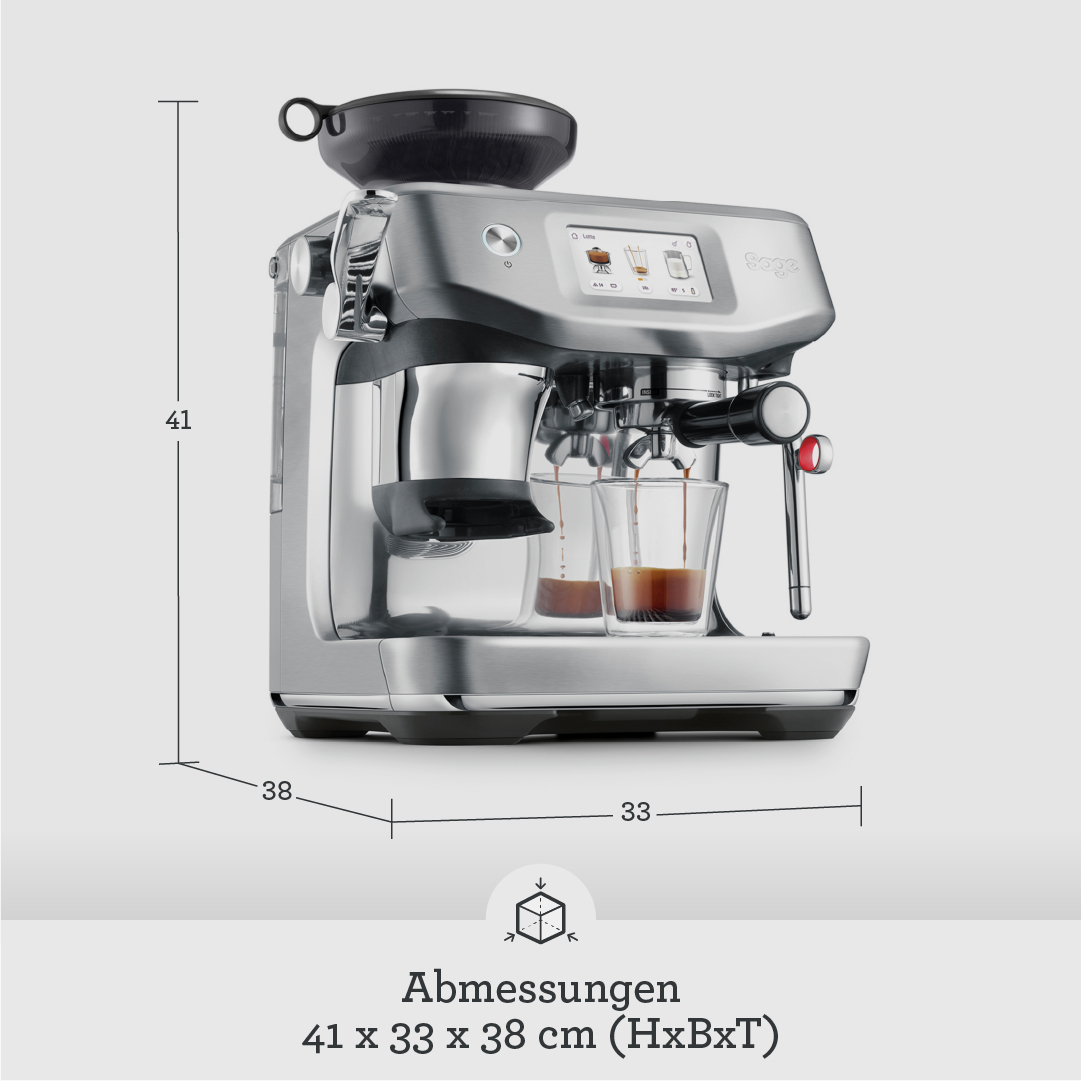 Silberne Espressomaschine mit Abmessungen, Seitenansicht und einer Tasse.