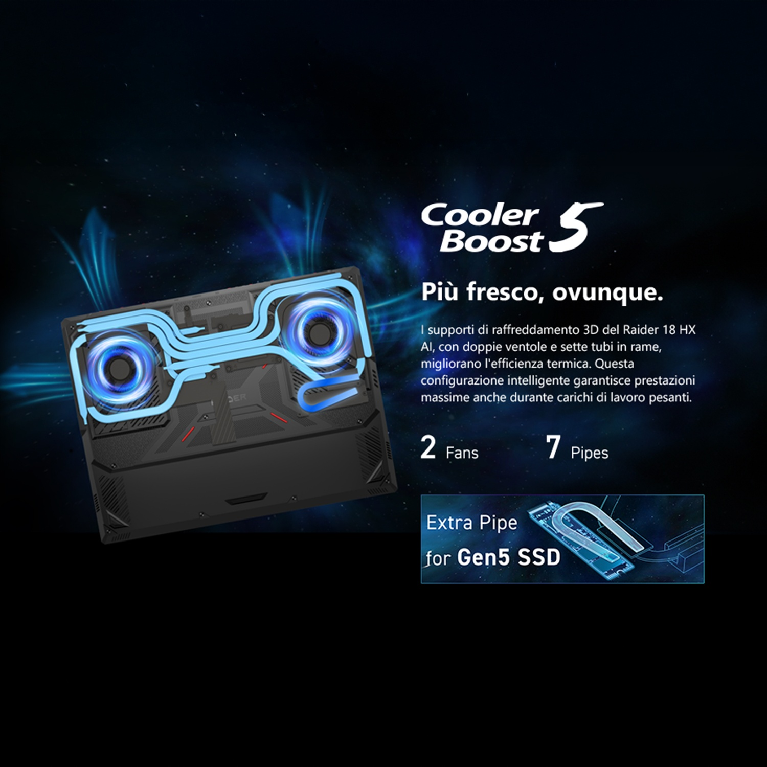 Diagramma del sistema di raffreddamento del laptop con linee di flusso d'aria blu. Testo: Cooler Boost 5.