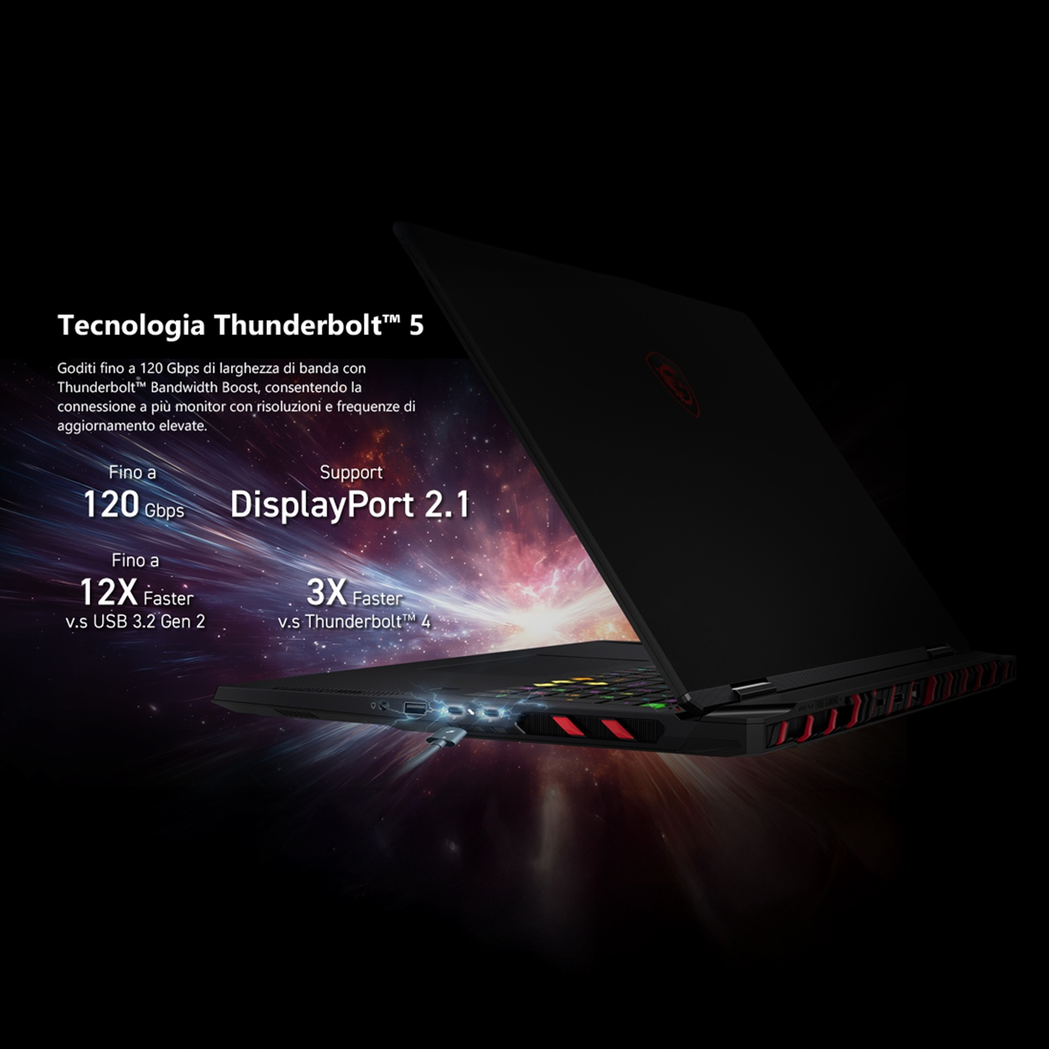 Vista posteriore di un laptop nero, parzialmente aperto. Il laptop mostra il testo su Thunderbolt 5 e DisplayPort 2.1.
