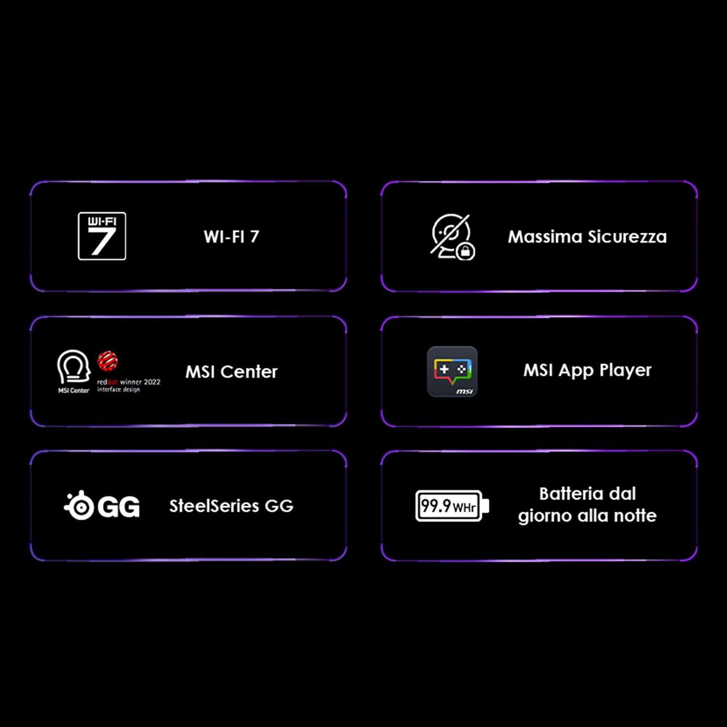 Icone per Wi-Fi 7, Massima sicurezza, MSI Center, MSI App Player, Steelseries GG e batteria.