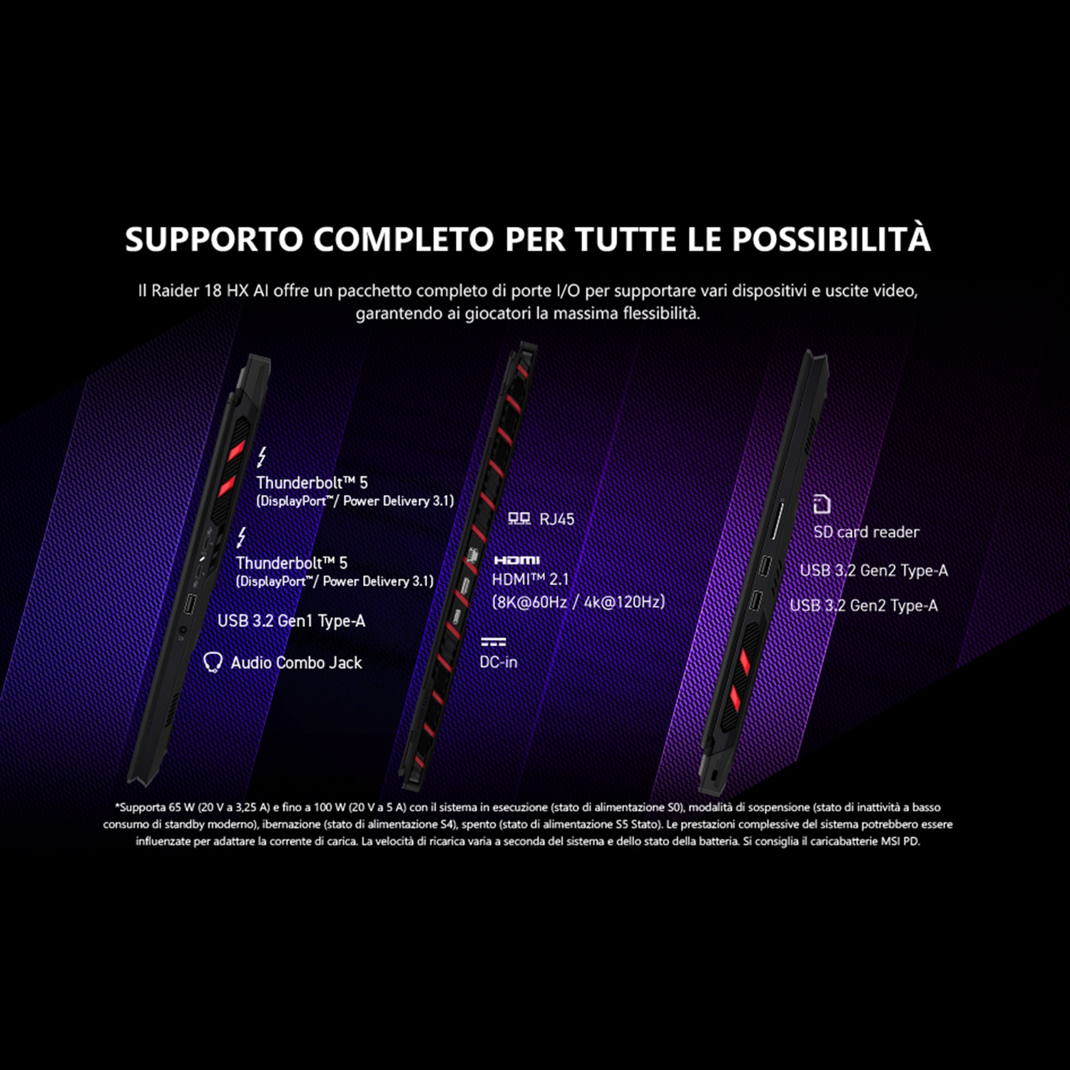 Interfaccia di un laptop, che mostra più porte e funzionalità, con testo.