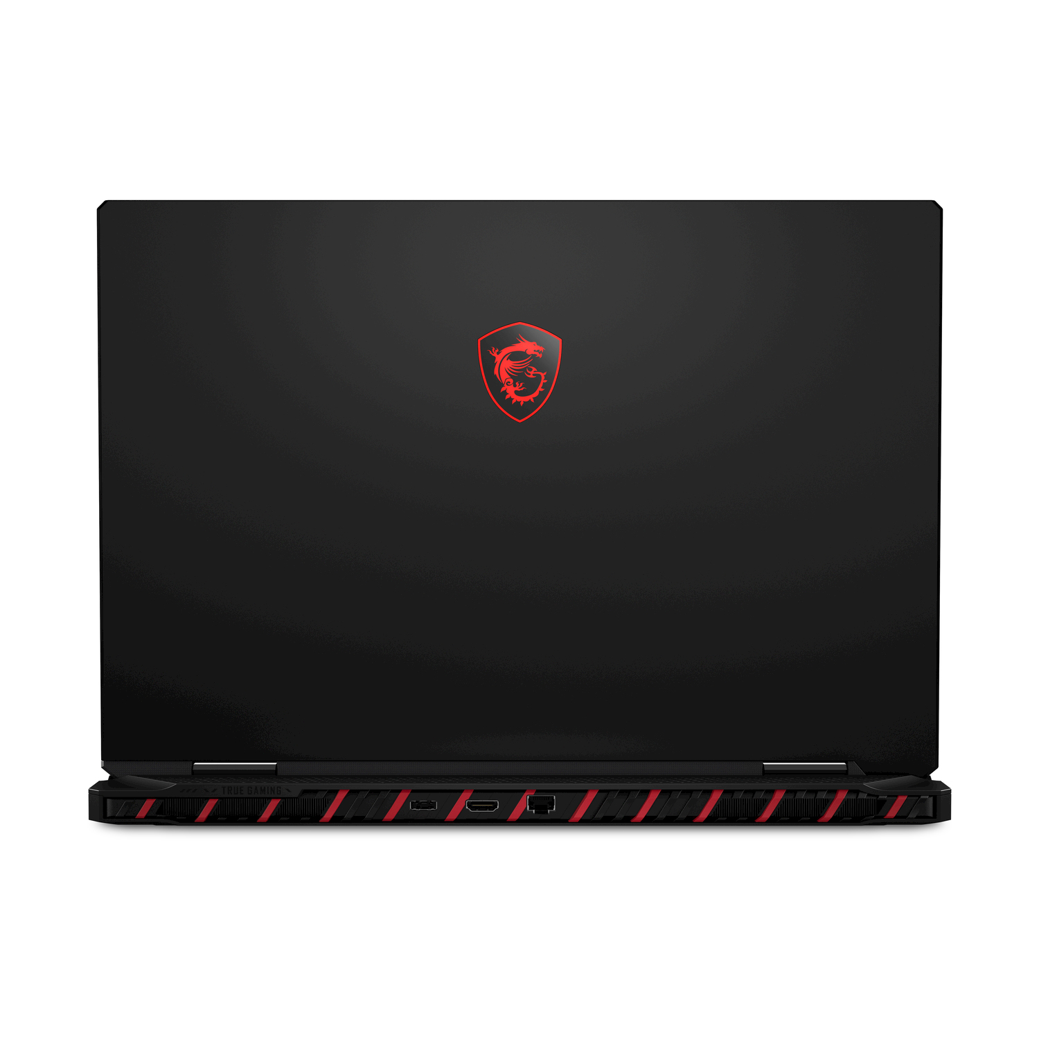 Retro del laptop MSI nero con logo rosso e dettagli rossi sul bordo inferiore.