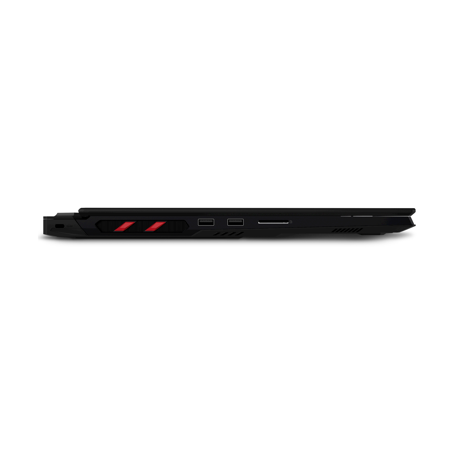 Profilo del laptop, nero, che mostra porte e prese d'aria. Il laptop è chiuso.