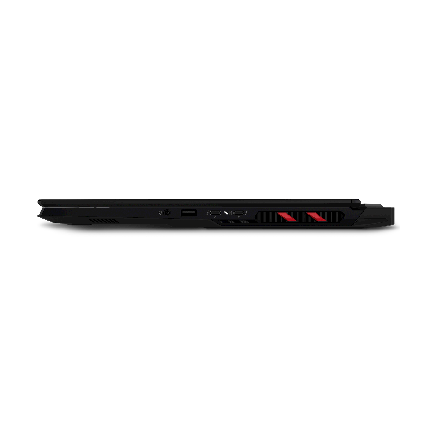 Vista laterale di un laptop nero con accenti rossi, che mostra porte e prese d'aria.