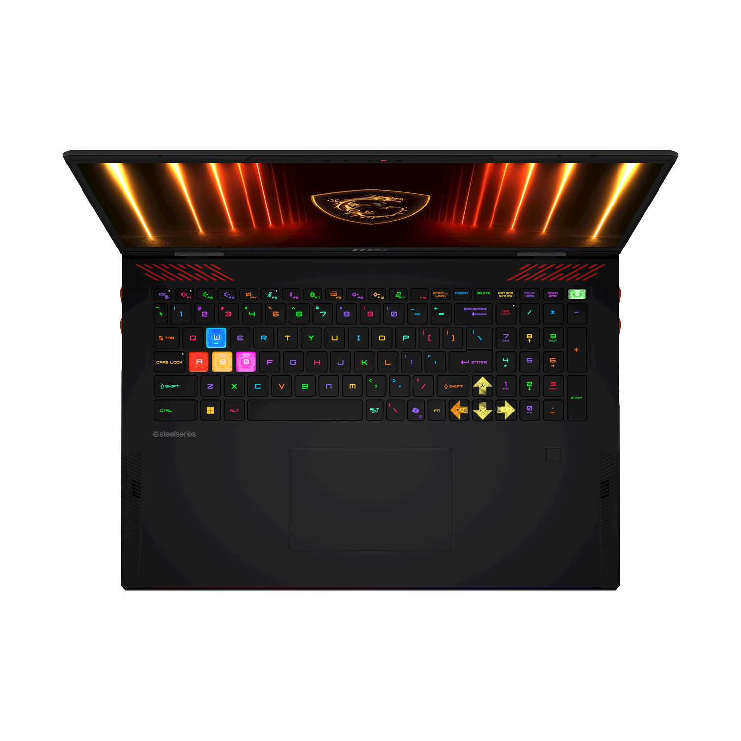 Laptop nero, aperto, tastiera con tasti colorati. Testo: steelseries.