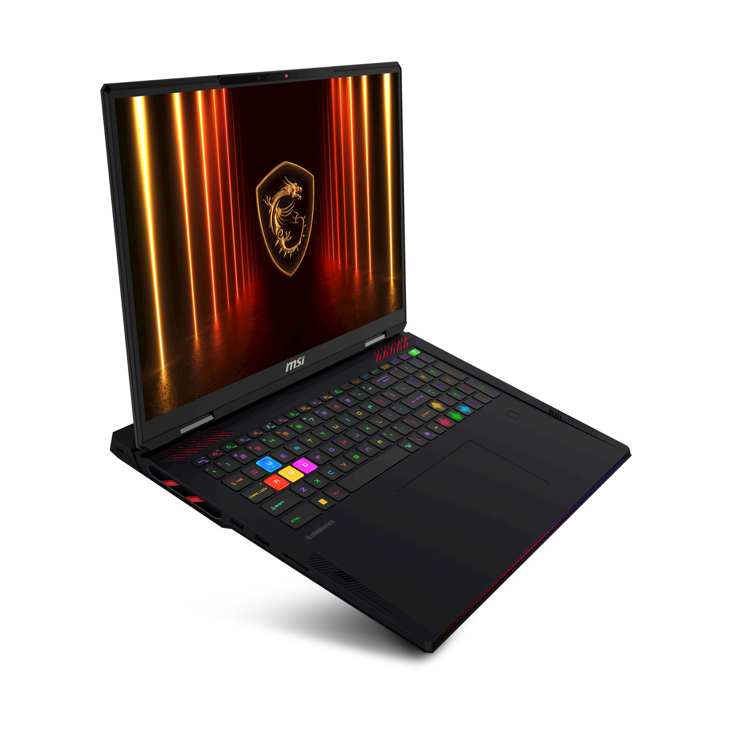 Laptop nero, aperto, leggermente angolato, che mostra schermo e tastiera con logo. Testo: MSI.