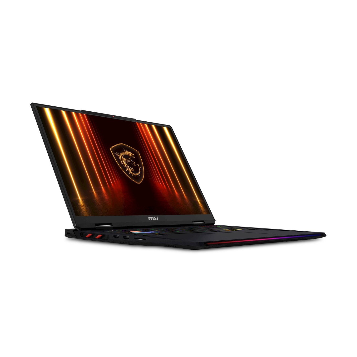 Laptop MSI. Lo schermo mostra un'interfaccia di gioco con linee arancioni e rosse. Aperto.