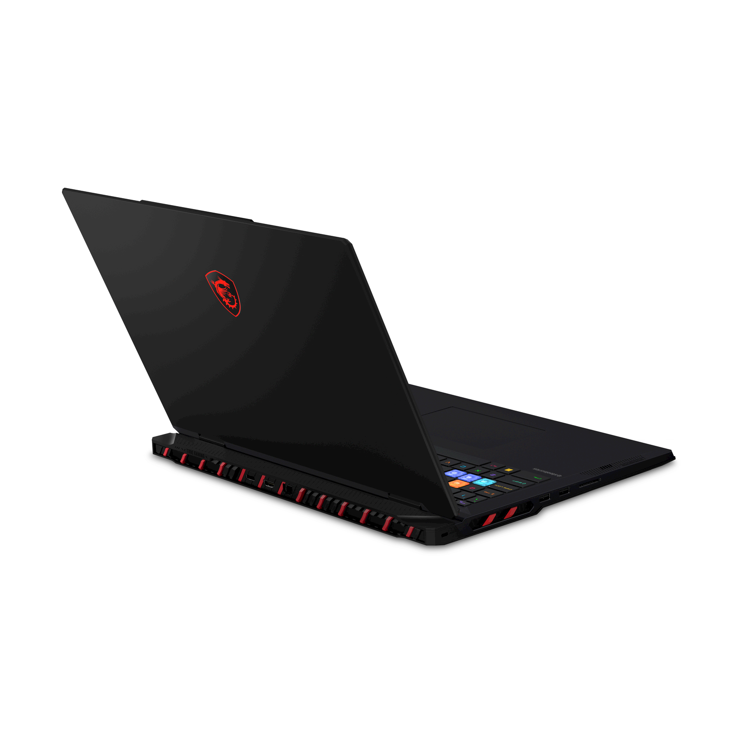 Retro del laptop nero, leggermente aperto. Logo MSI visibile. Dettagli rossi sul fondo e tastiera.