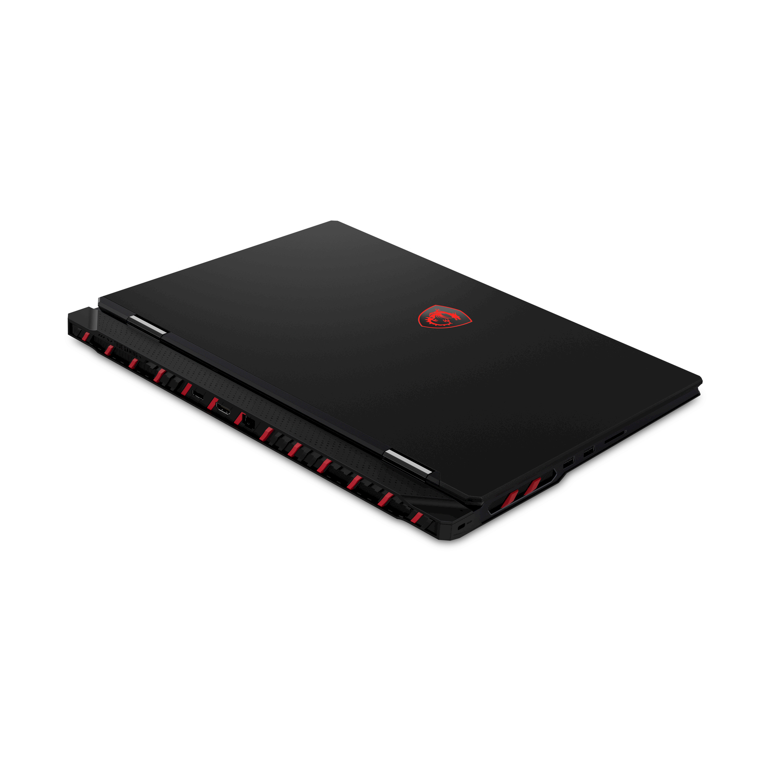 Laptop nero, chiuso, inclinato. Il logo MSI è visibile sulla parte superiore.