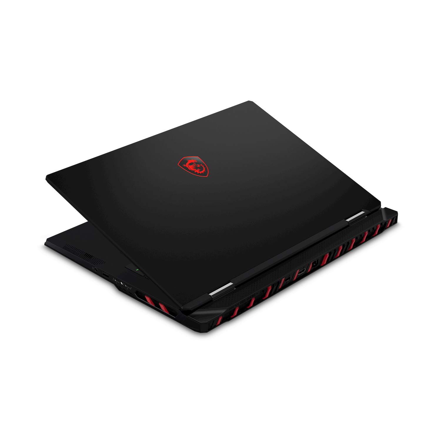Laptop nero, vista dall'alto, leggermente aperto. Logo MSI rosso sul coperchio. Corpo nero con dettagli rossi.