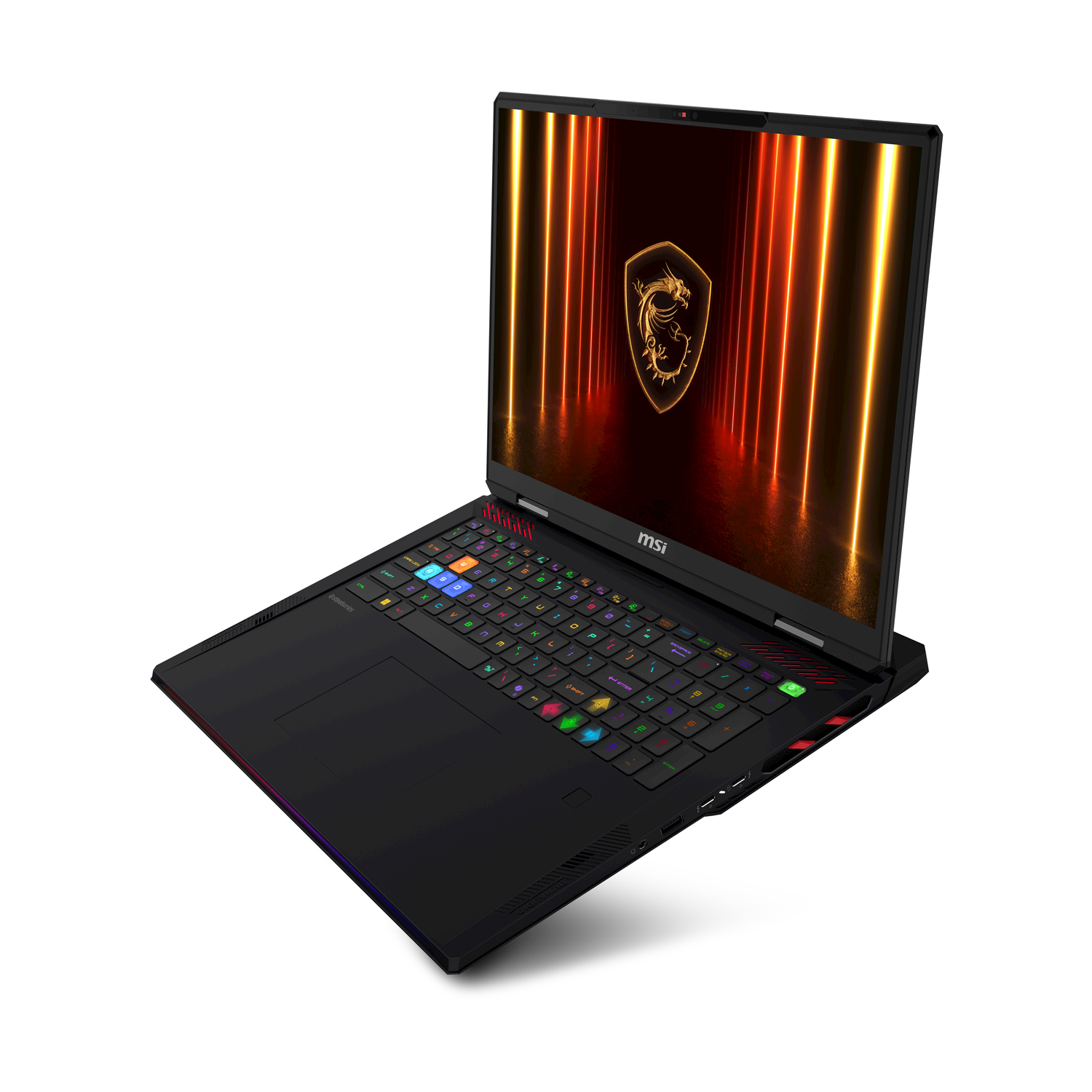 Laptop nero aperto, tastiera luminosa, logo MSI sullo schermo. Accenti rossi e blu.