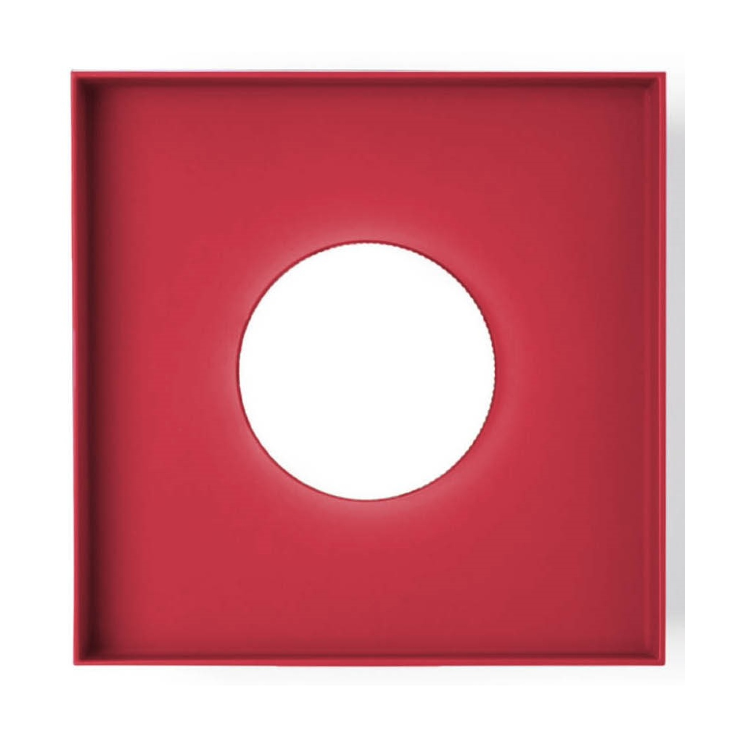 Un quadrato rosso con un cerchio bianco al centro, un foro.