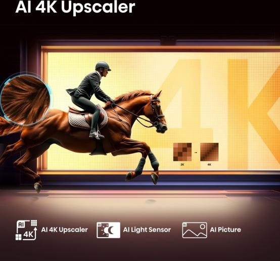 Obraz przedstawia osobę jadącą konno przed ekranem TV z AI 4K Upscaler i innymi funkcjami.
