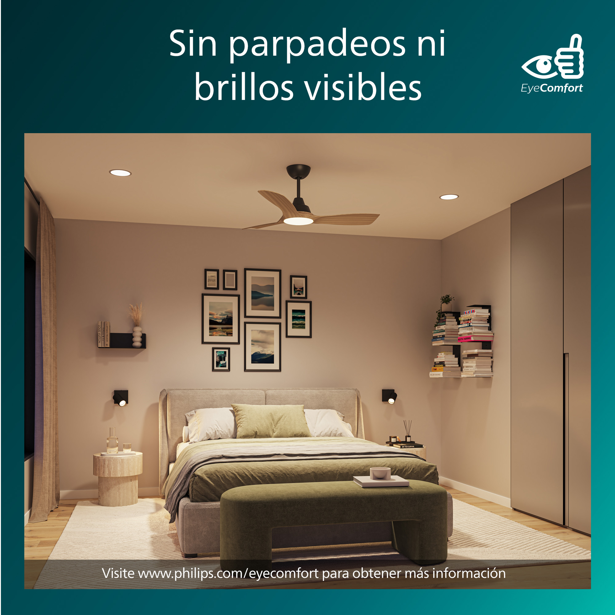 Dormitorio iluminado con luces de techo y ventilador de techo. Cama y banco en la habitación.