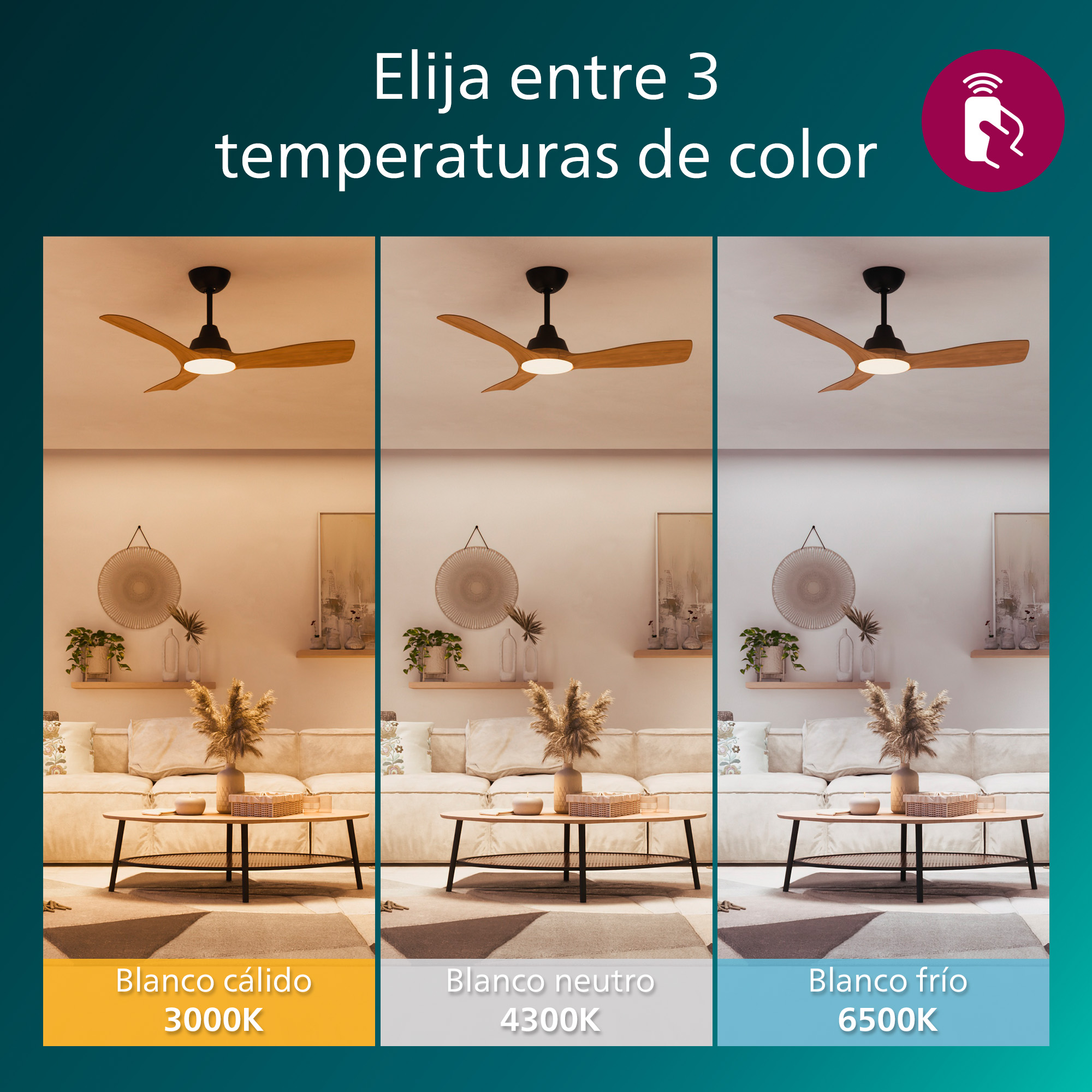 Tres imágenes con diferentes temperaturas de color de ventiladores de techo, aspas de madera.