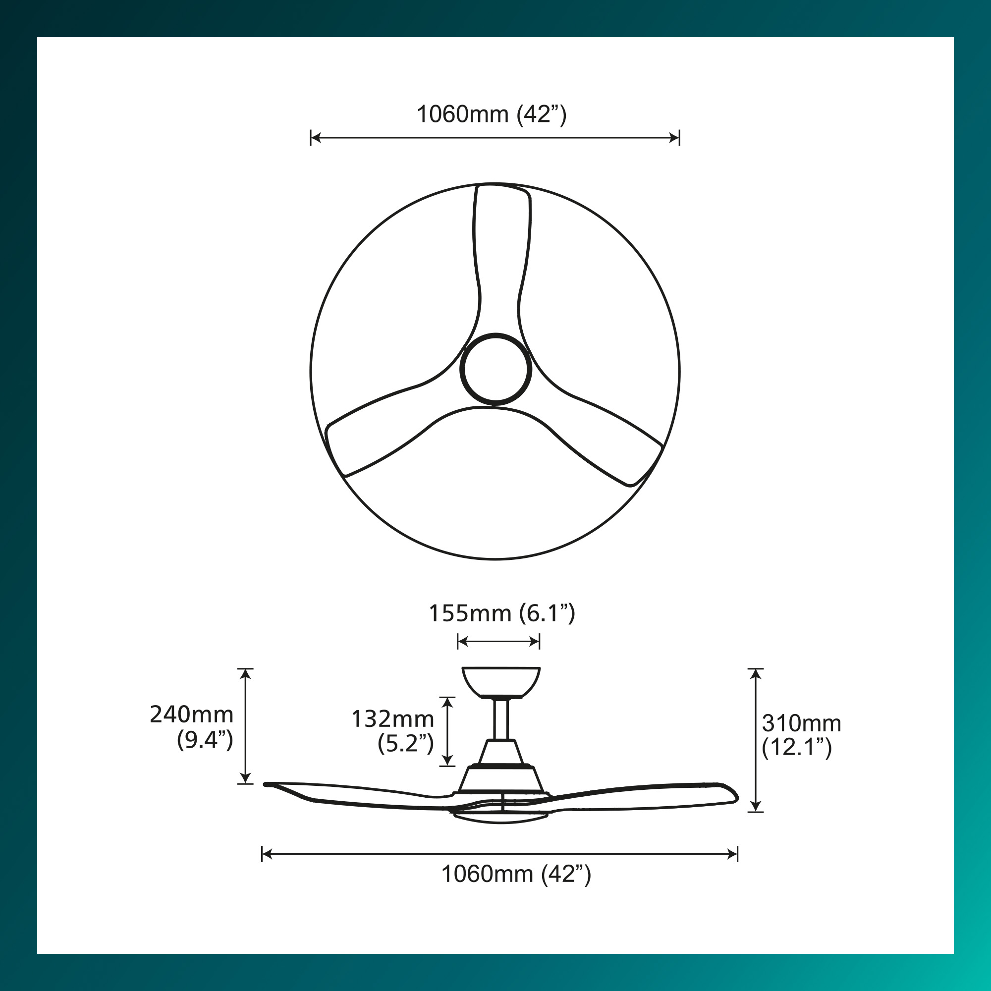 Diagrama detallado de un ventilador de techo con dimensiones etiquetadas en milímetros y pulgadas.