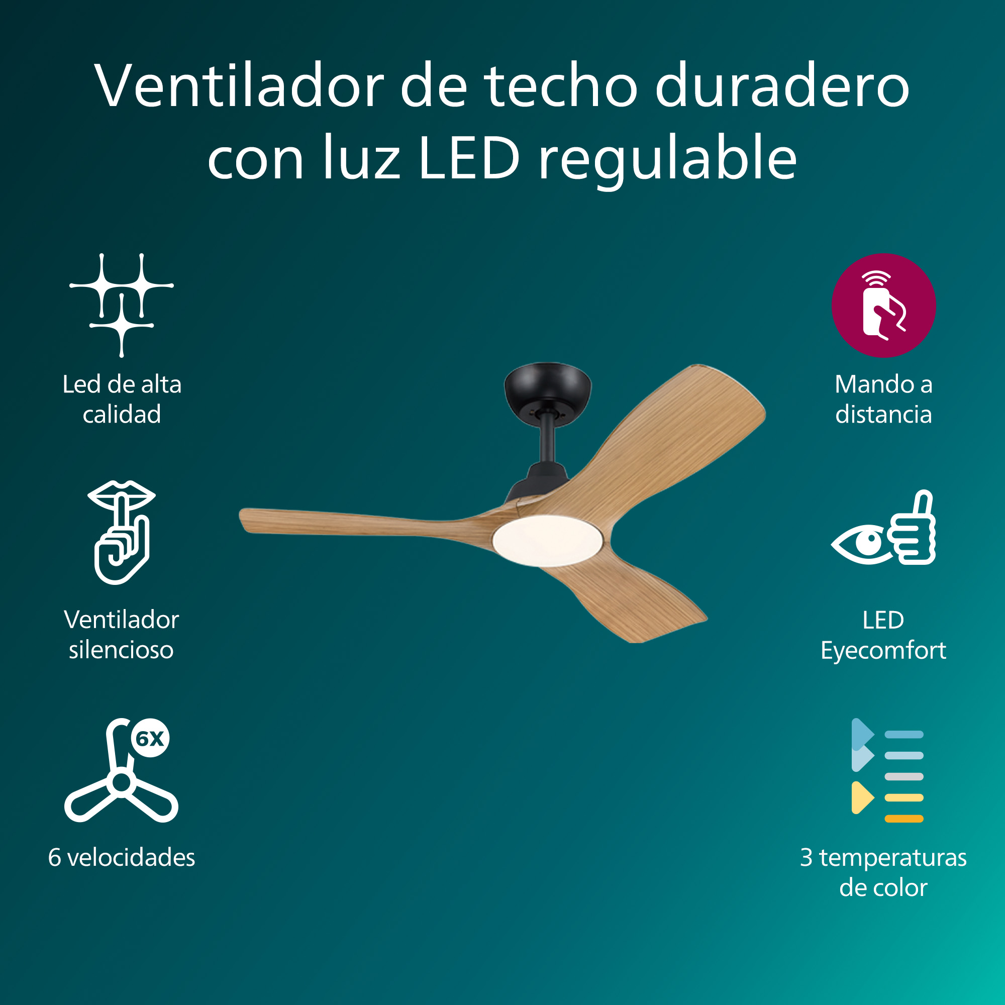 Ventilador de techo con tres aspas de madera, una luz central e iconos que indican funciones como luz LED y mando a distancia.