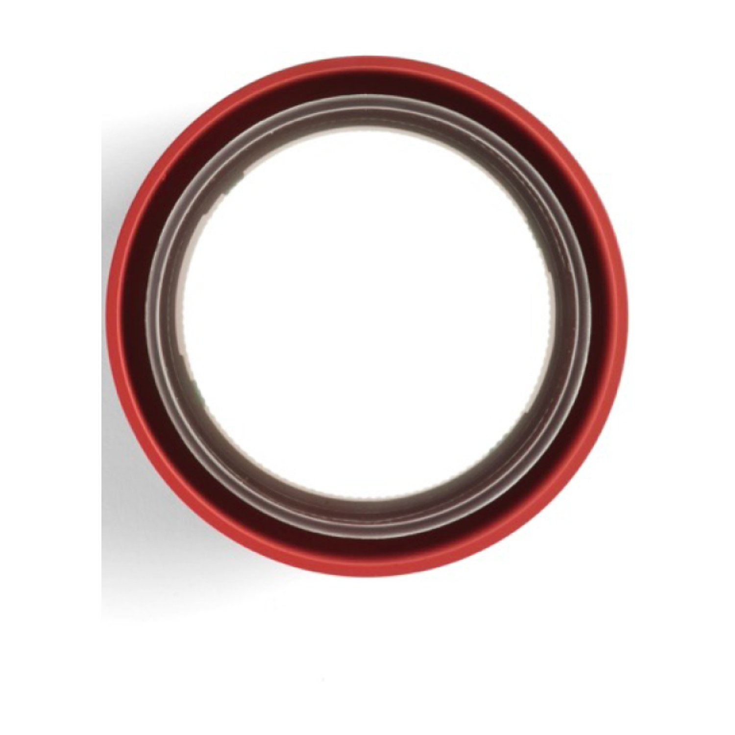 Una vista dall'alto di un anello rosso con un cerchio bianco all'interno. Lo sfondo è bianco.