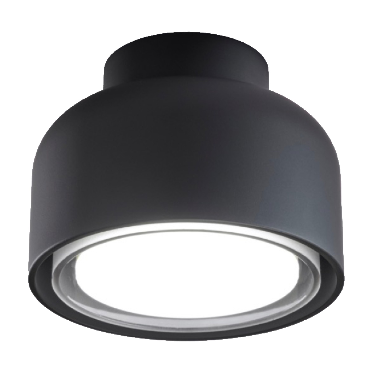 Lampada da soffitto nera con luce interna bianca e luminosa.