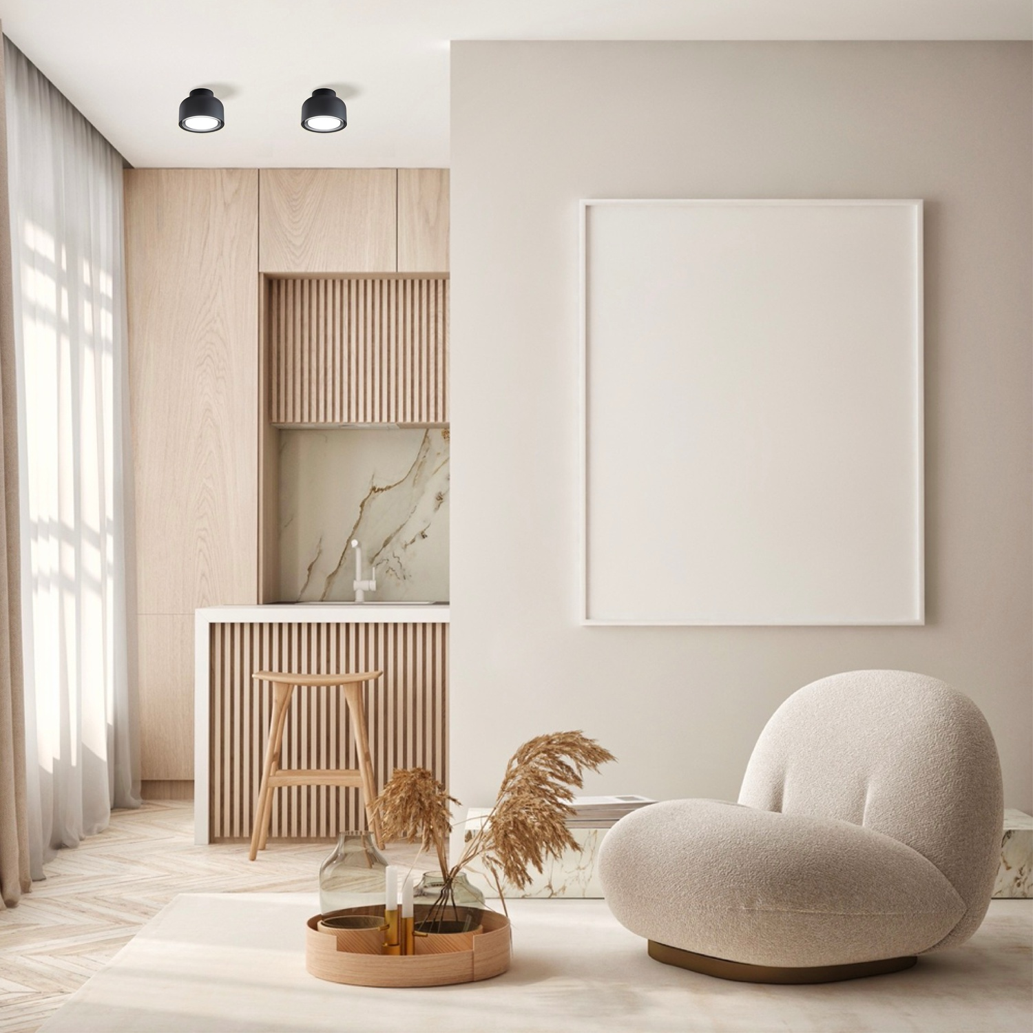 Interni moderni, cucina in legno, opera d'arte, sedia e piante.