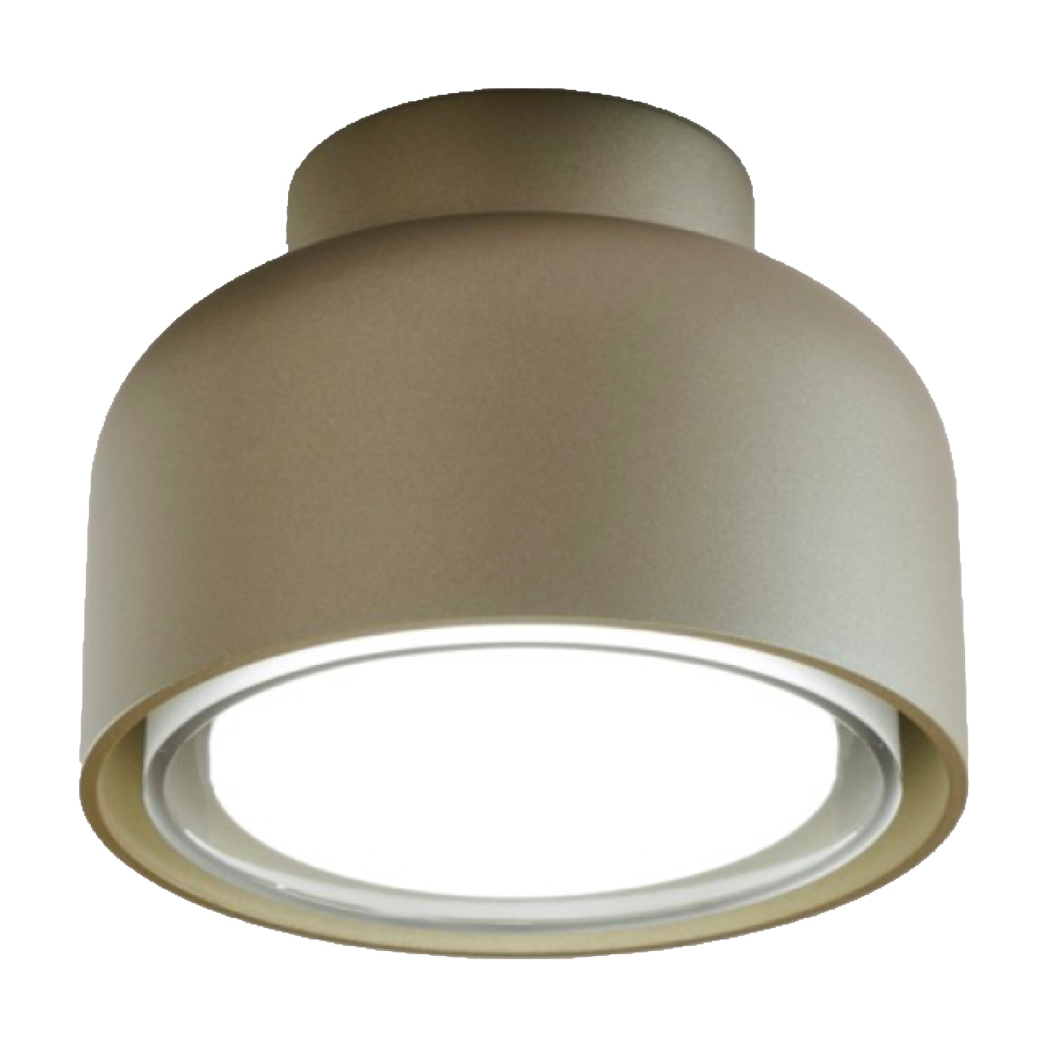 Un apparecchio di illuminazione arrotondato di colore chiaro con una sorgente luminosa visibile.