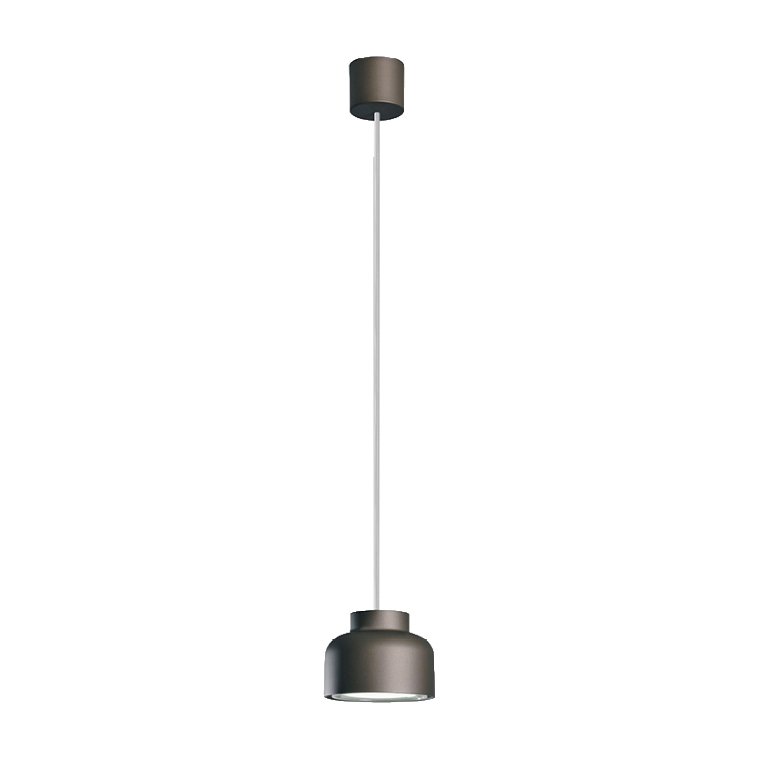 Una lampada a sospensione appesa a un sottile cavo bianco. La luce ha una forma cilindrica grigio scuro.