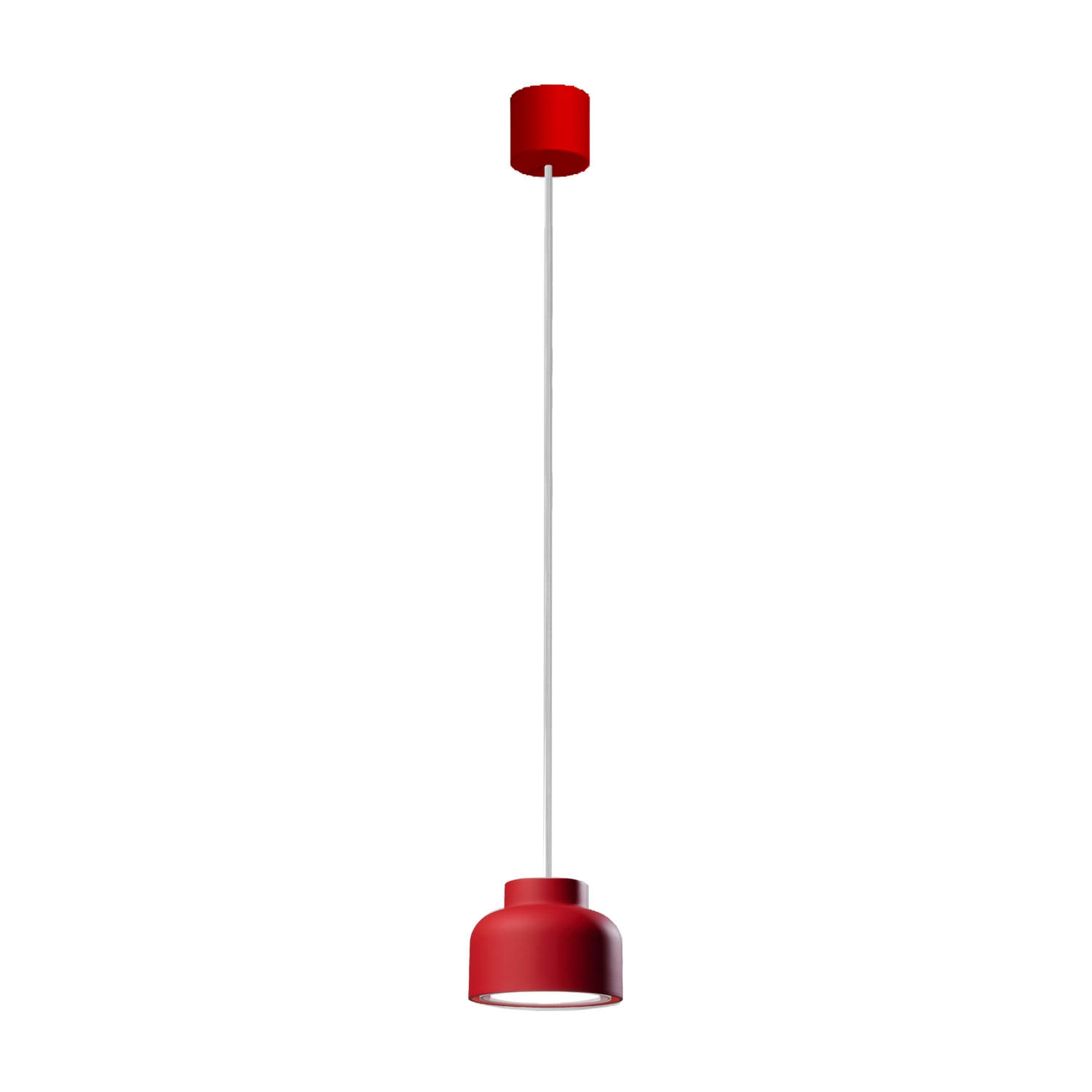 Lampada a sospensione rossa appesa a un cavo bianco su sfondo bianco.