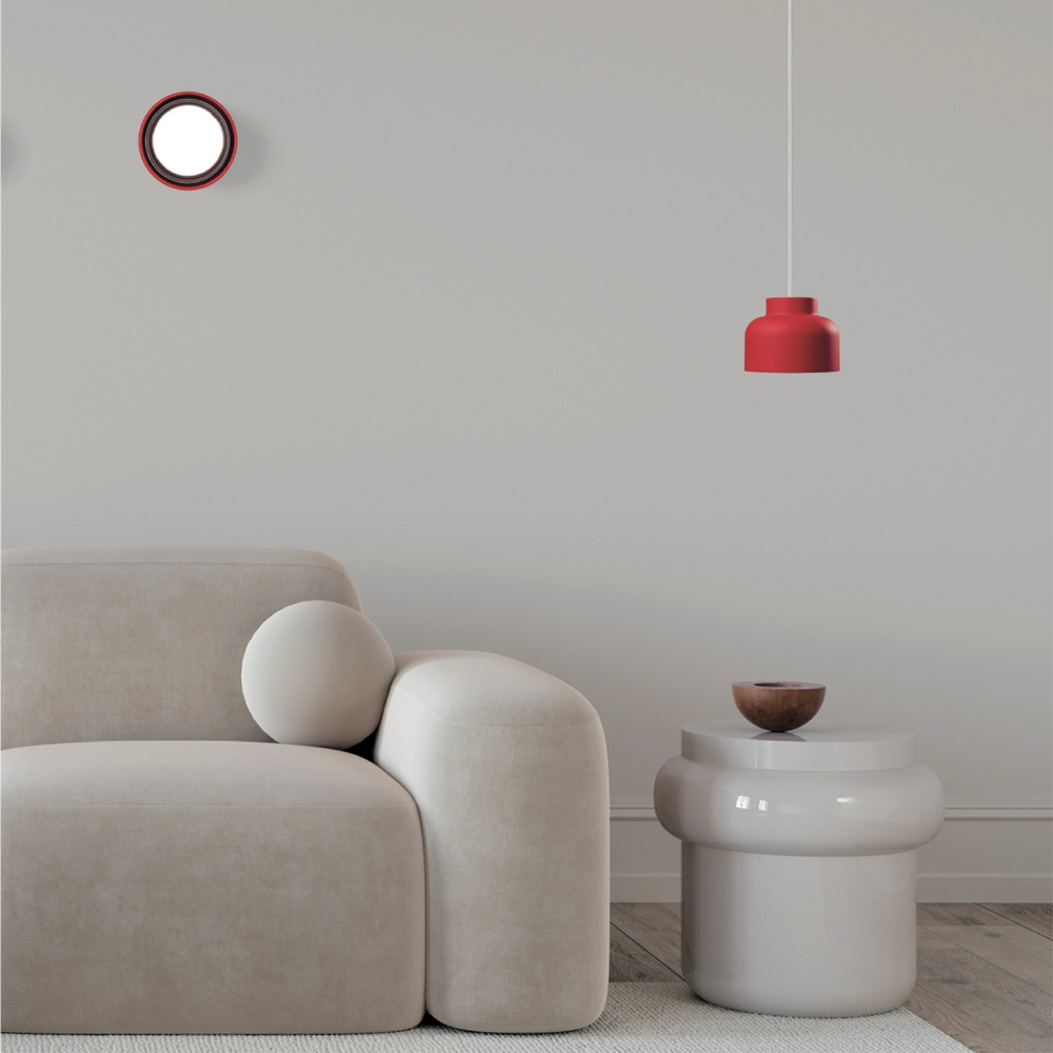 Interno moderno. Parete con lampada circolare, poltrona blu e tavolino con lampada a sospensione rossa.