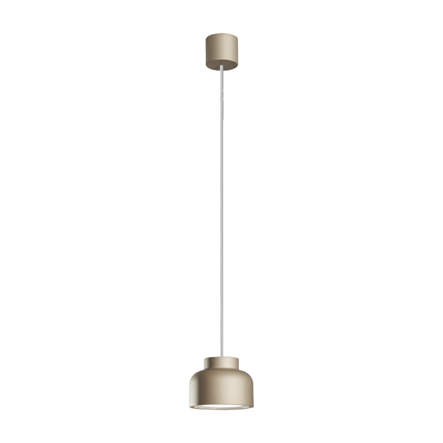 Una lampada a sospensione beige appesa a un sottile cavo bianco. La luce è a forma di cupola.