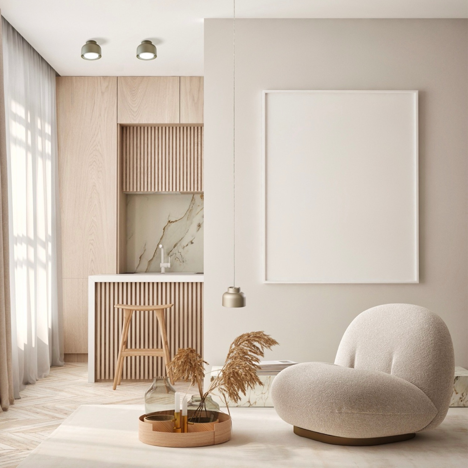 Soggiorno moderno con una grande cornice bianca, poltrona e accenti in legno chiaro.