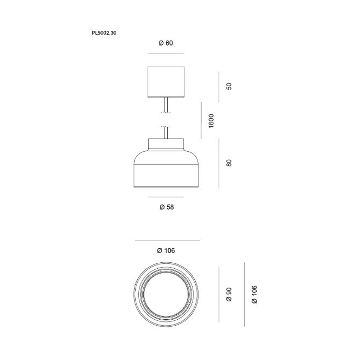 Disegno tecnico di un'apparecchio a soffitto rotondo con dimensioni.