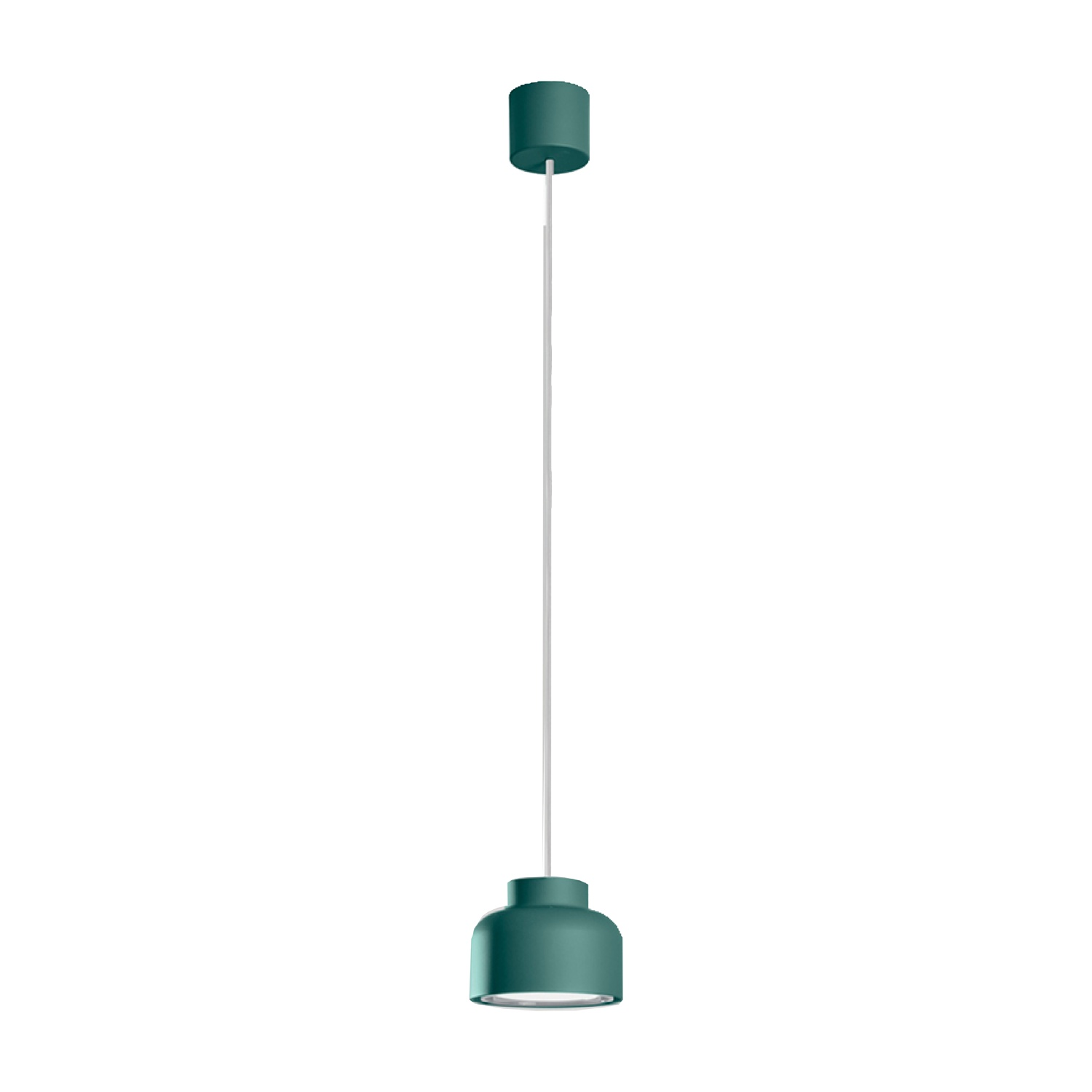 Una lampada a sospensione verde con un cavo bianco.
