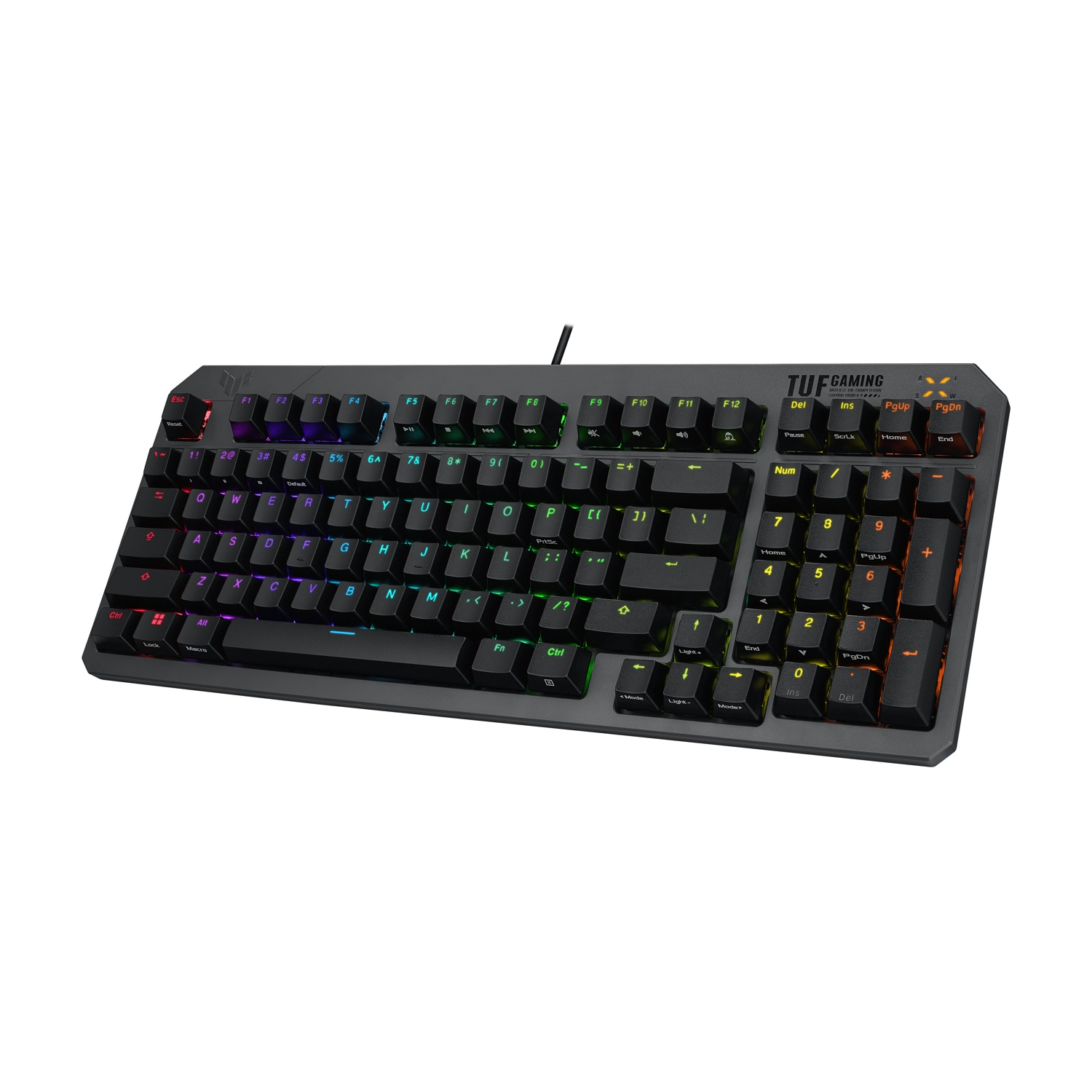 Una tastiera da gioco con tasti colorati. Ha una cornice nera, molti tasti e il marchio TUF GAMING.