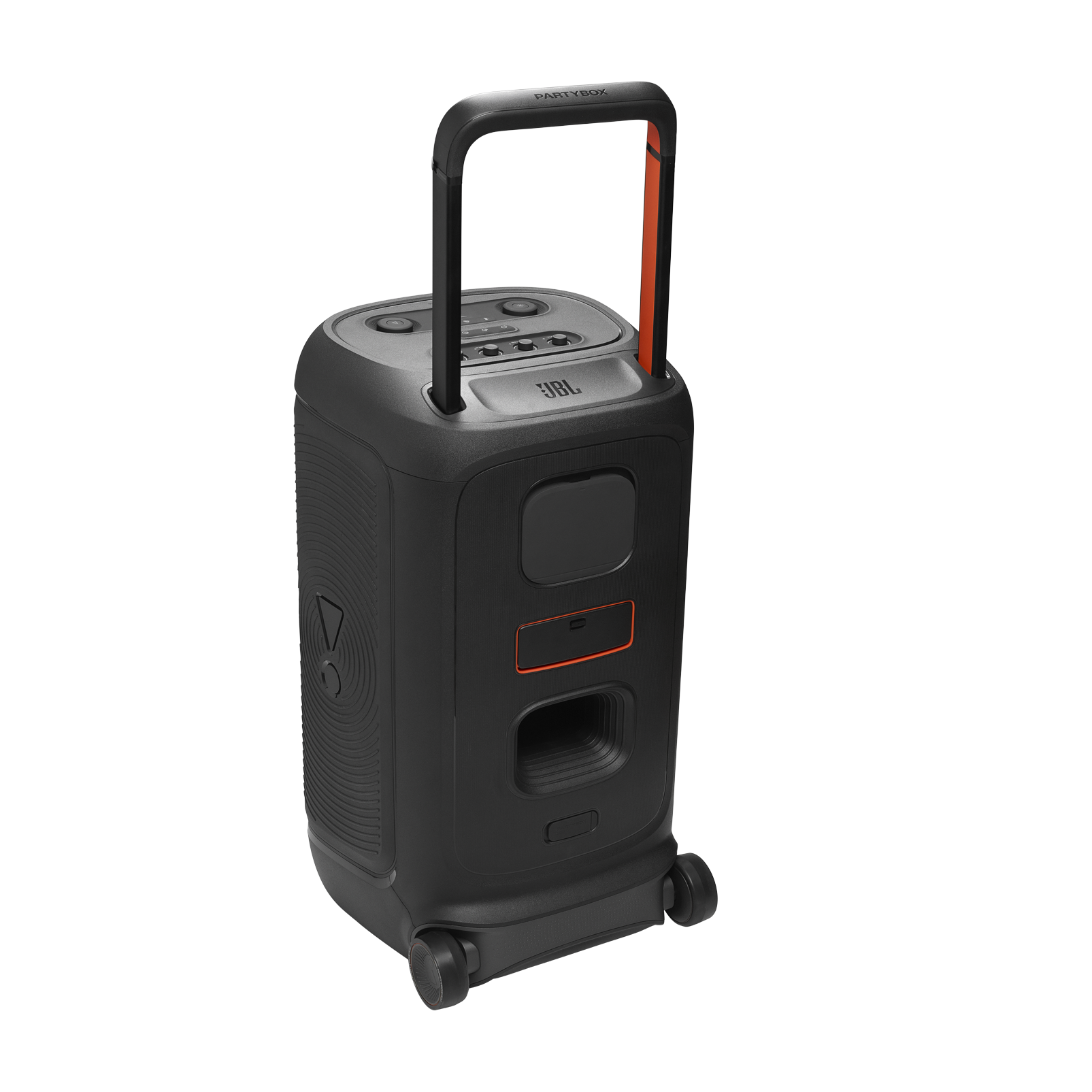 Tekerlekli siyah JBL PartyBox hoparlör. Bir tutamak ve turuncu vurgular görülebilir. Hoparlör dik durumda.