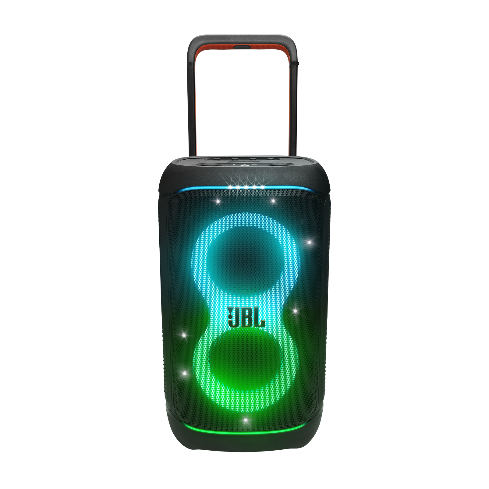 Siyah JBL hoparlör, mavi ve yeşil ışıklar, kırmızı kulpla.