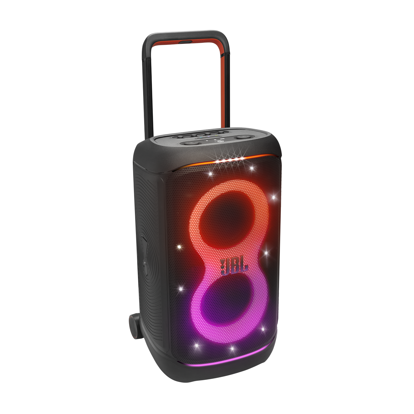 Işıklı, tutamaçlı ve tekerlekli siyah ve turuncu JBL hoparlör.