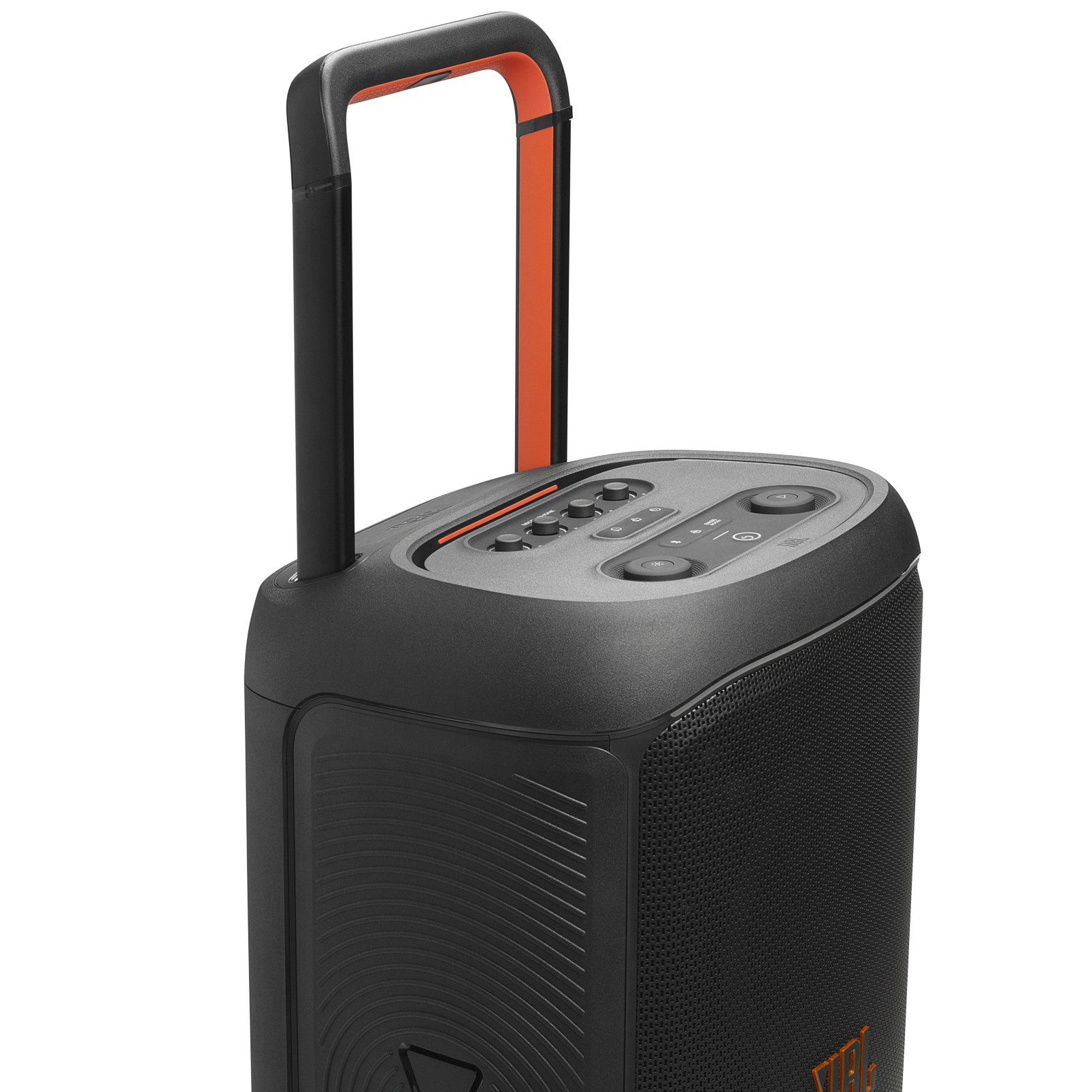 Kontrol panelli ve turuncu kulplu siyah hoparlör. JBL logosunu gösterir.