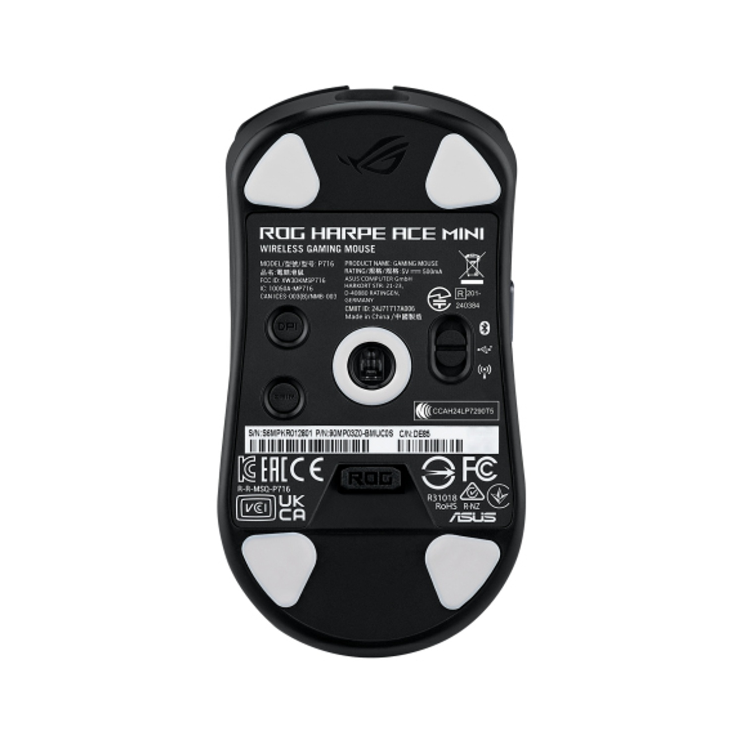 Mouse da gioco wireless ROG Harpe Ace Mini nero, vista inferiore, con pulsanti e loghi.