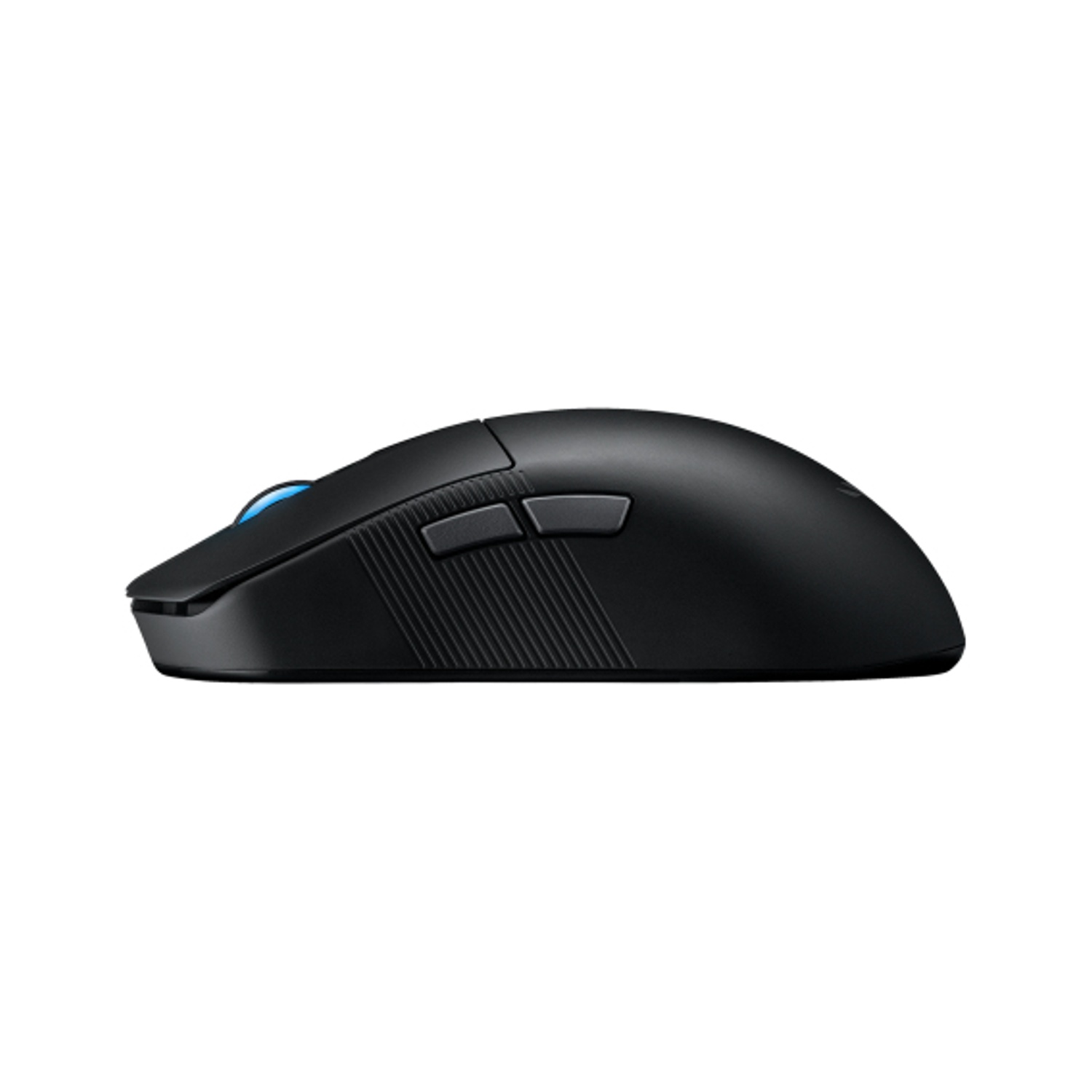 Mouse wireless nero, con una luce blu e due pulsanti laterali. Si trova su una superficie bianca.