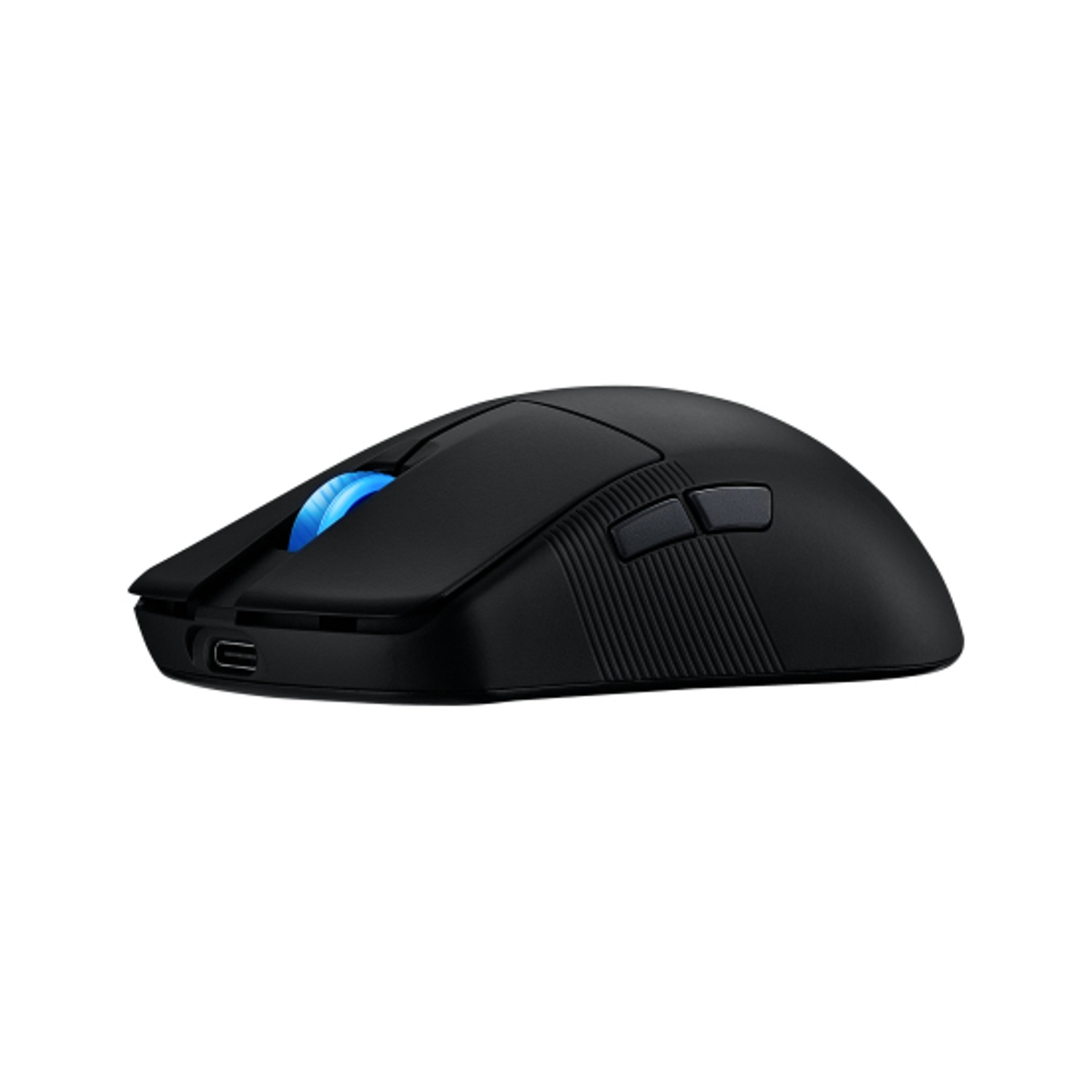 Mouse da gioco wireless nero con luce blu, vista laterale.